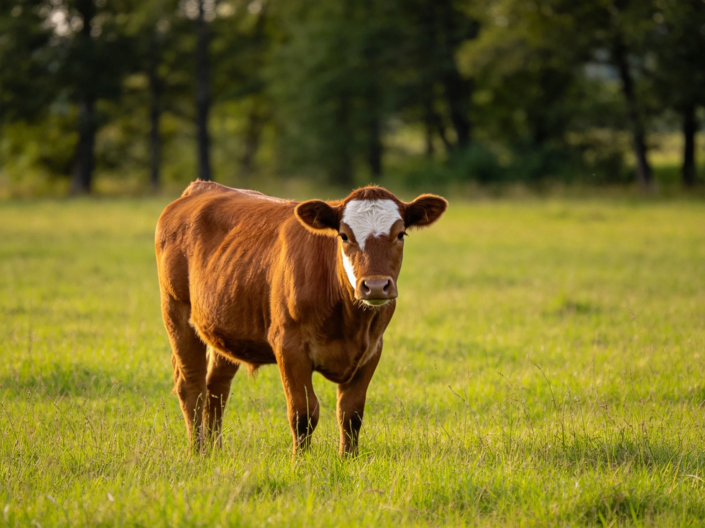 A brown and white cow stands in a sunlit green pasture near trees