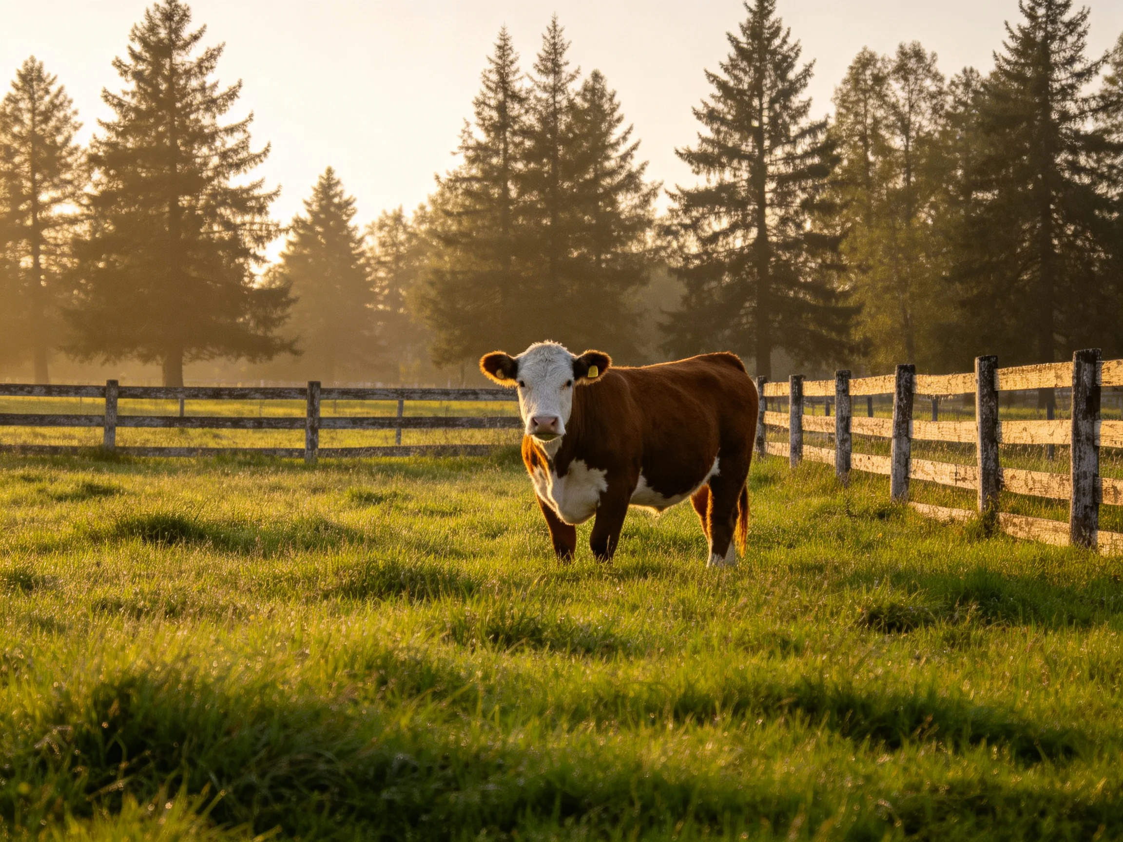 A brown and white cow stands in a sunlit green pasture near wooden fences