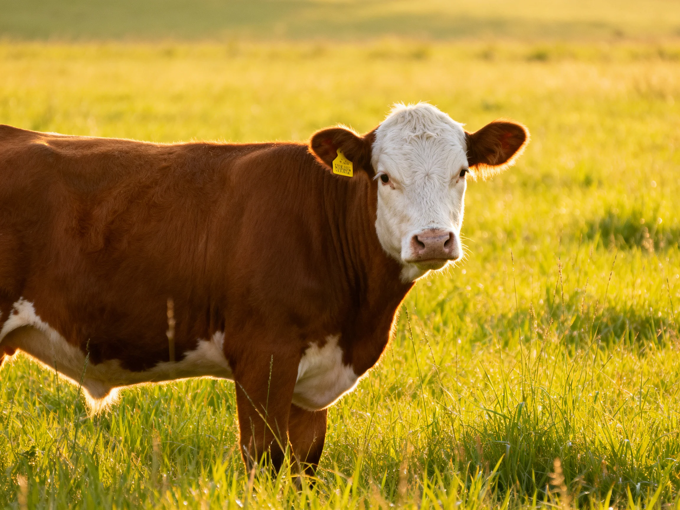 A brown and white cow stands in a sunlit grassy area.