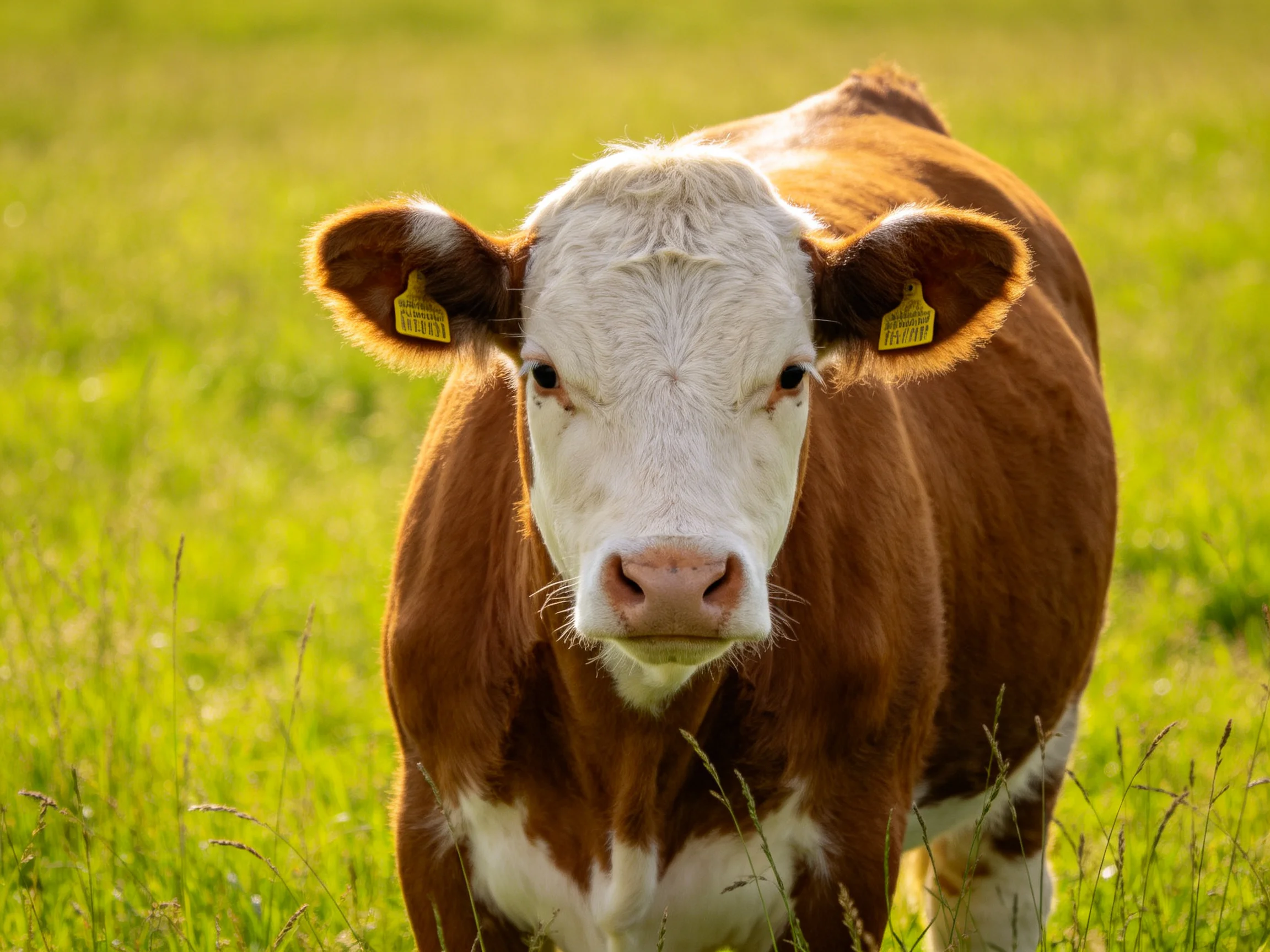 A brown and white cow stands in a sunlit green pasture
