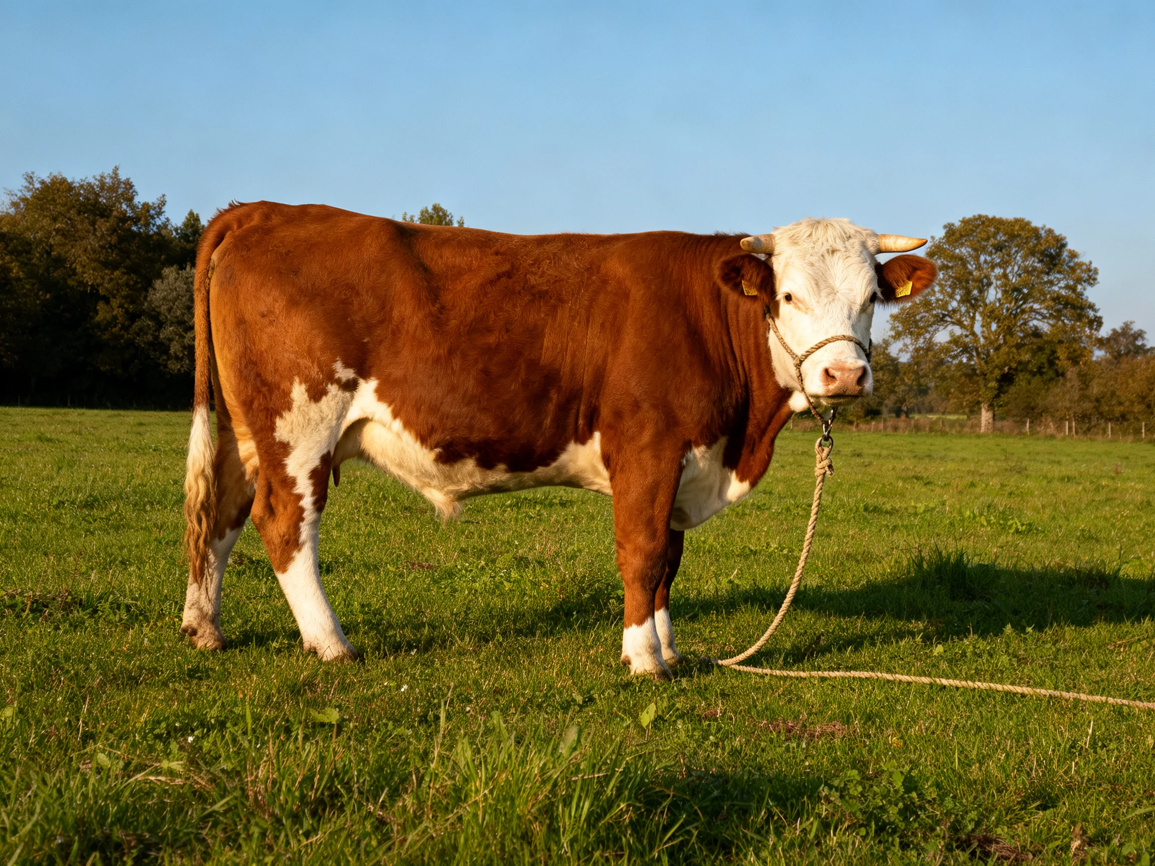 A brown and white cow stands in a sunlit green pasture