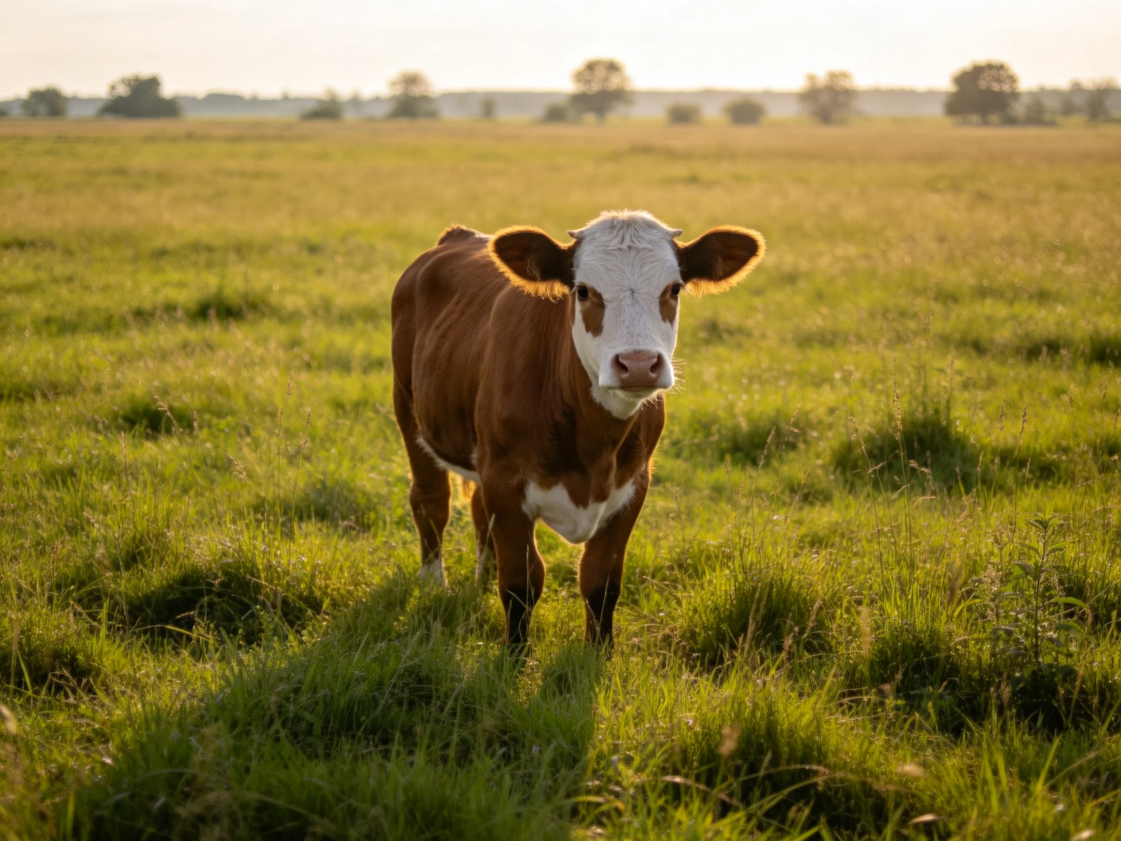 A brown and white cow stands in a sunlit green pasture