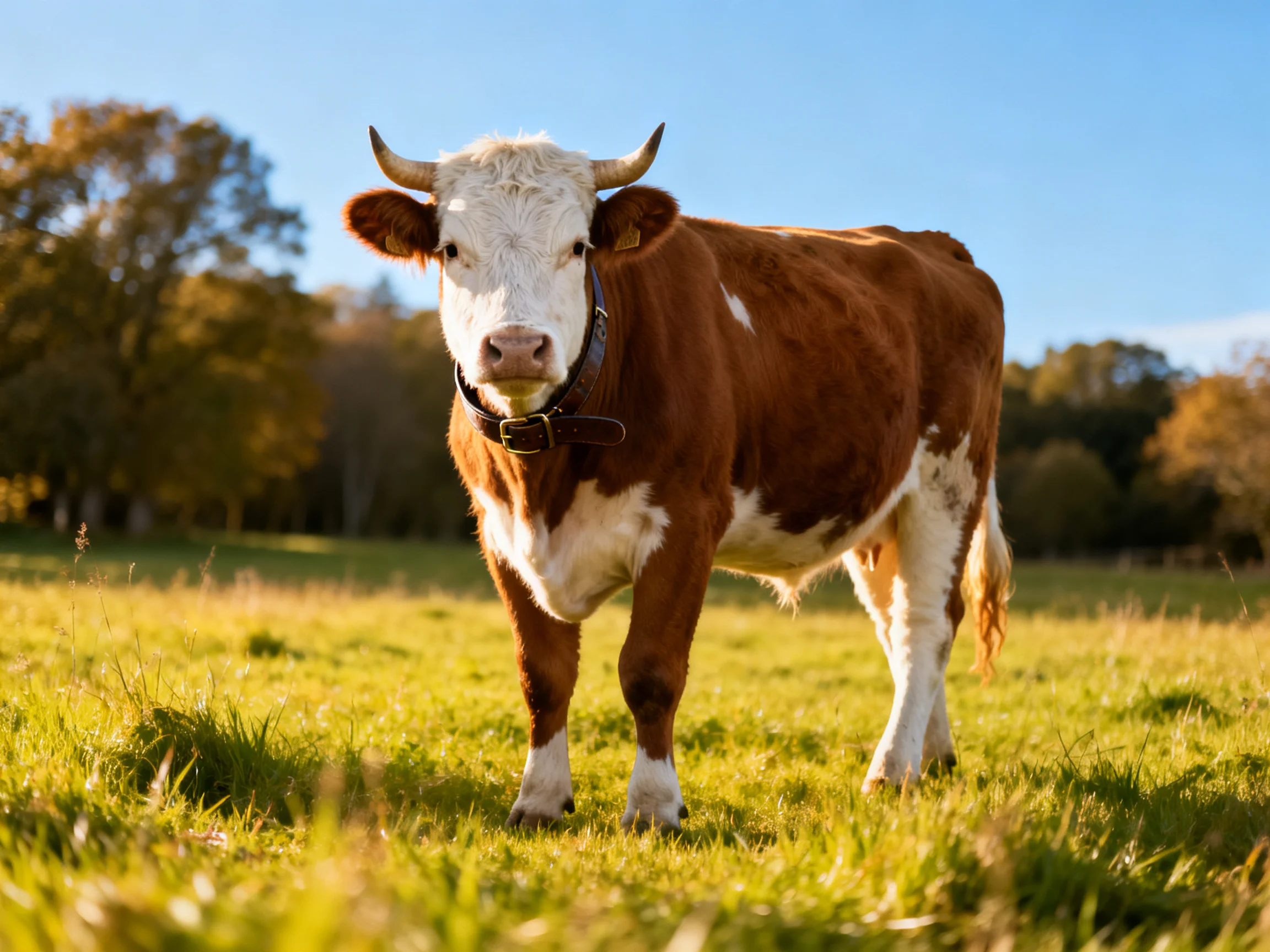 A brown and white cow stands in a sunlit green pasture