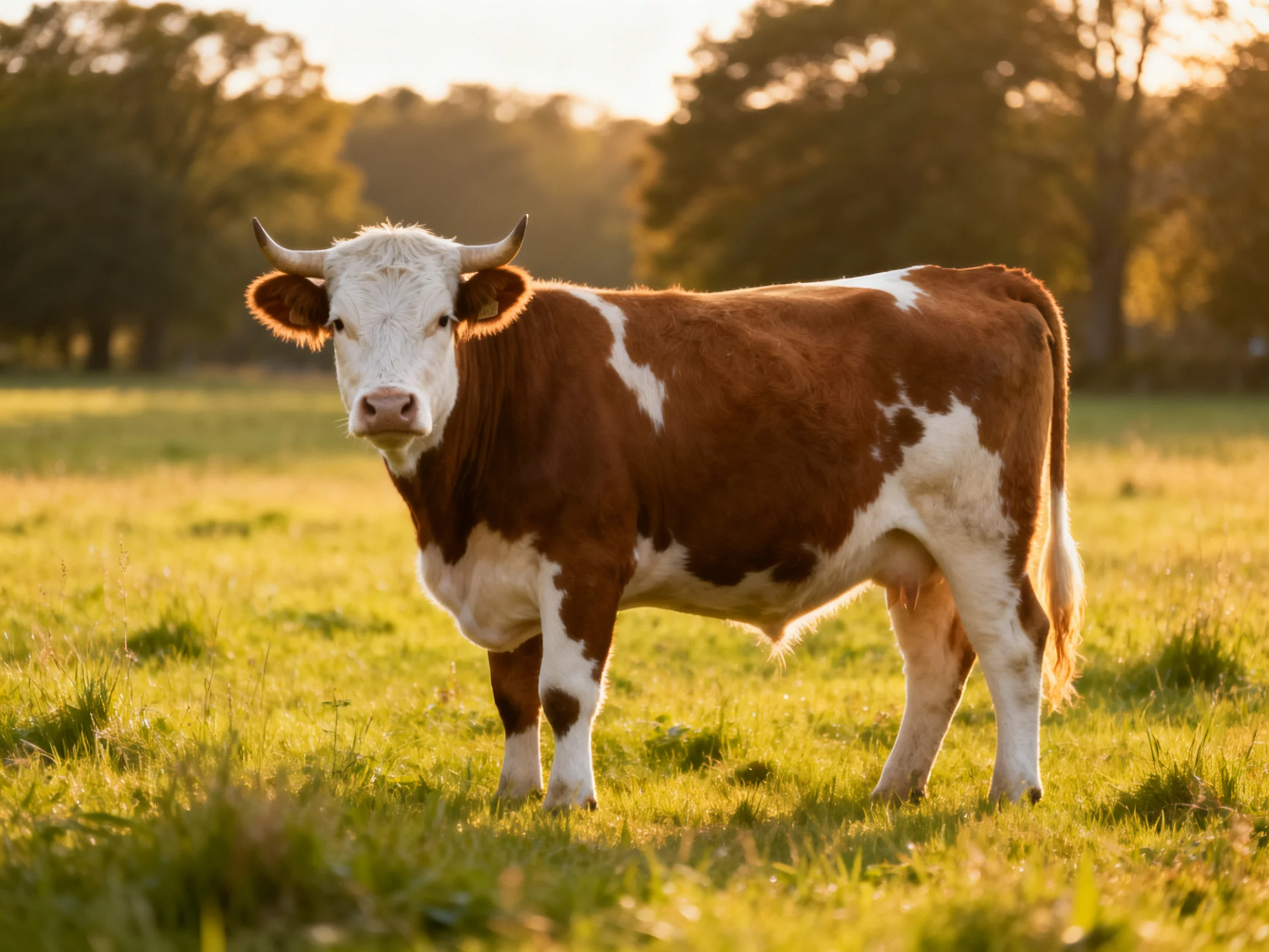 A brown and white cow stands in a sunlit green pasture