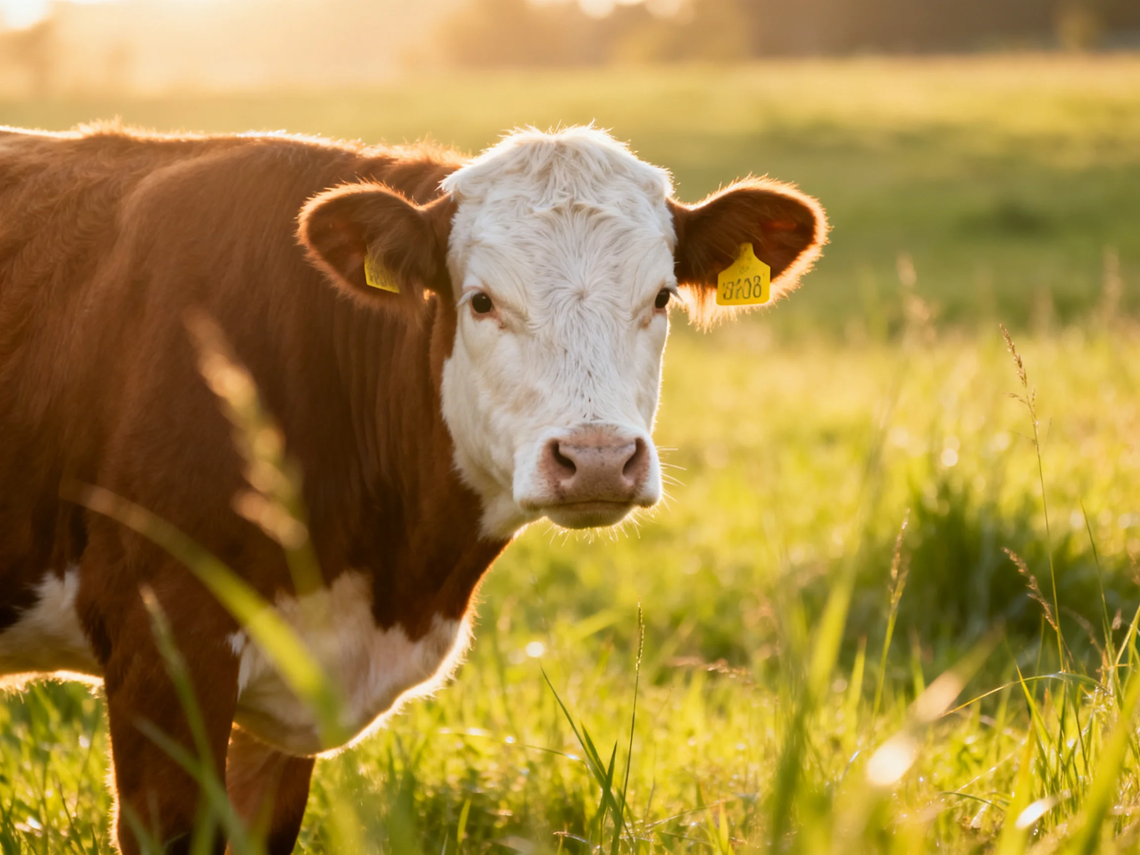 A brown and white cow stands in a sunlit green pasture