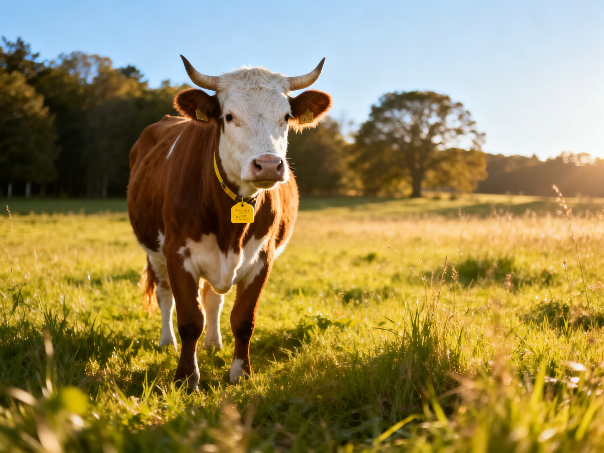 A brown and white cow stands in a sunlit green pasture