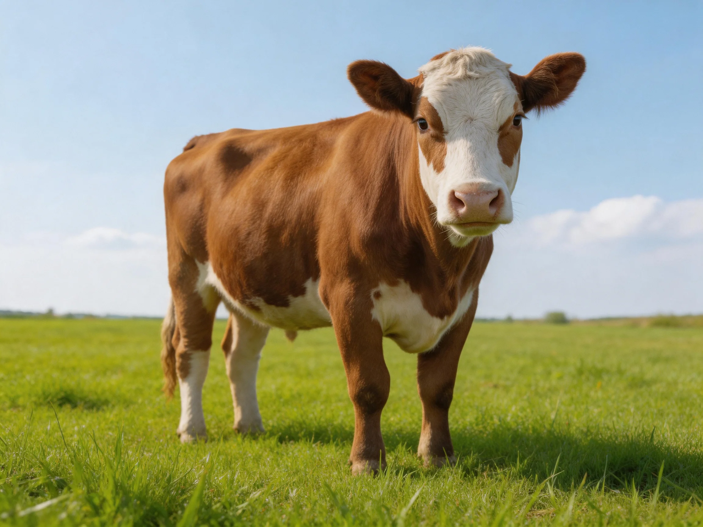 A brown and white cow stands in a sunlit green pasture under clear blue sky