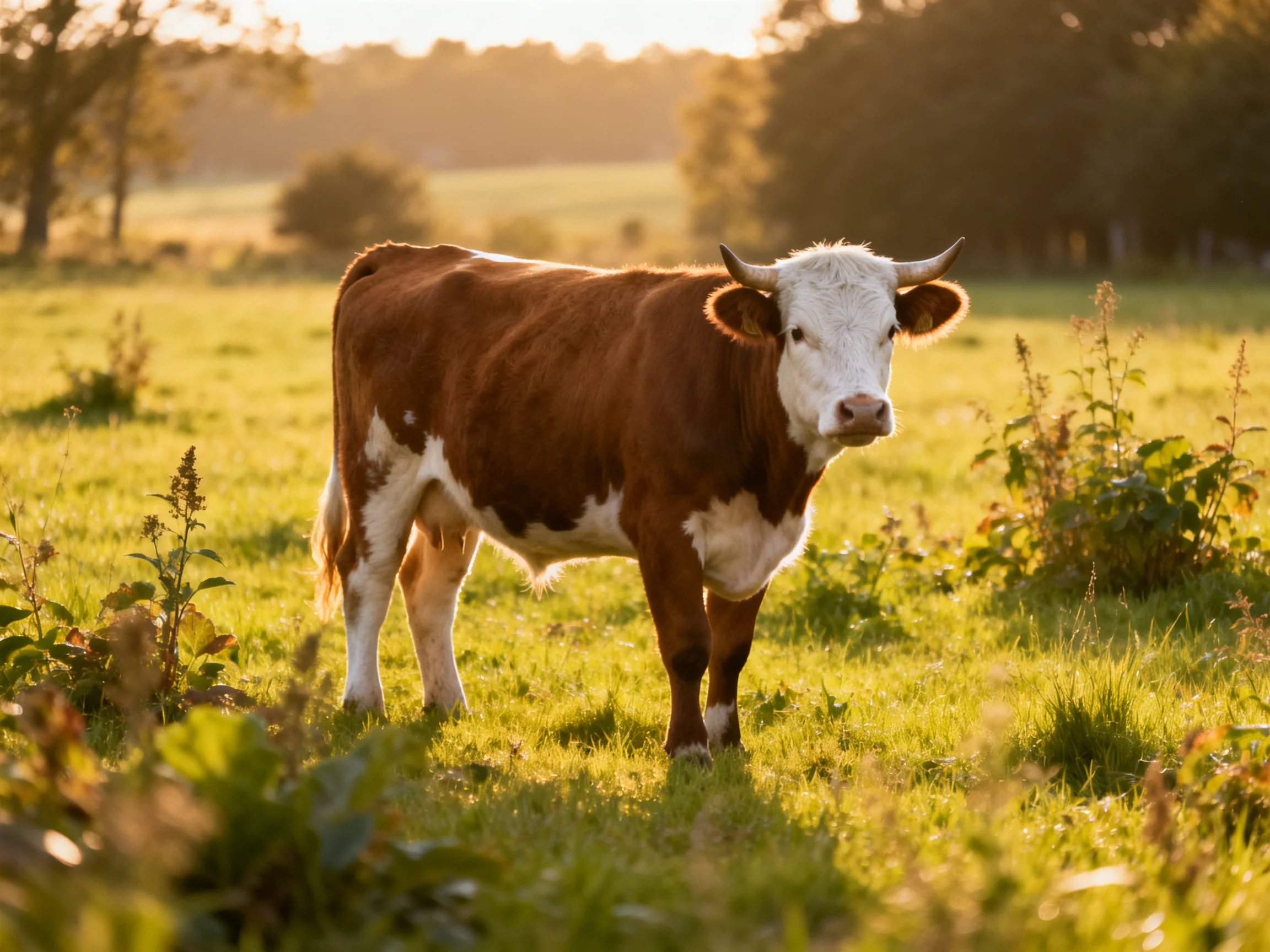 A brown and white cow stands in a sunlit green pasture