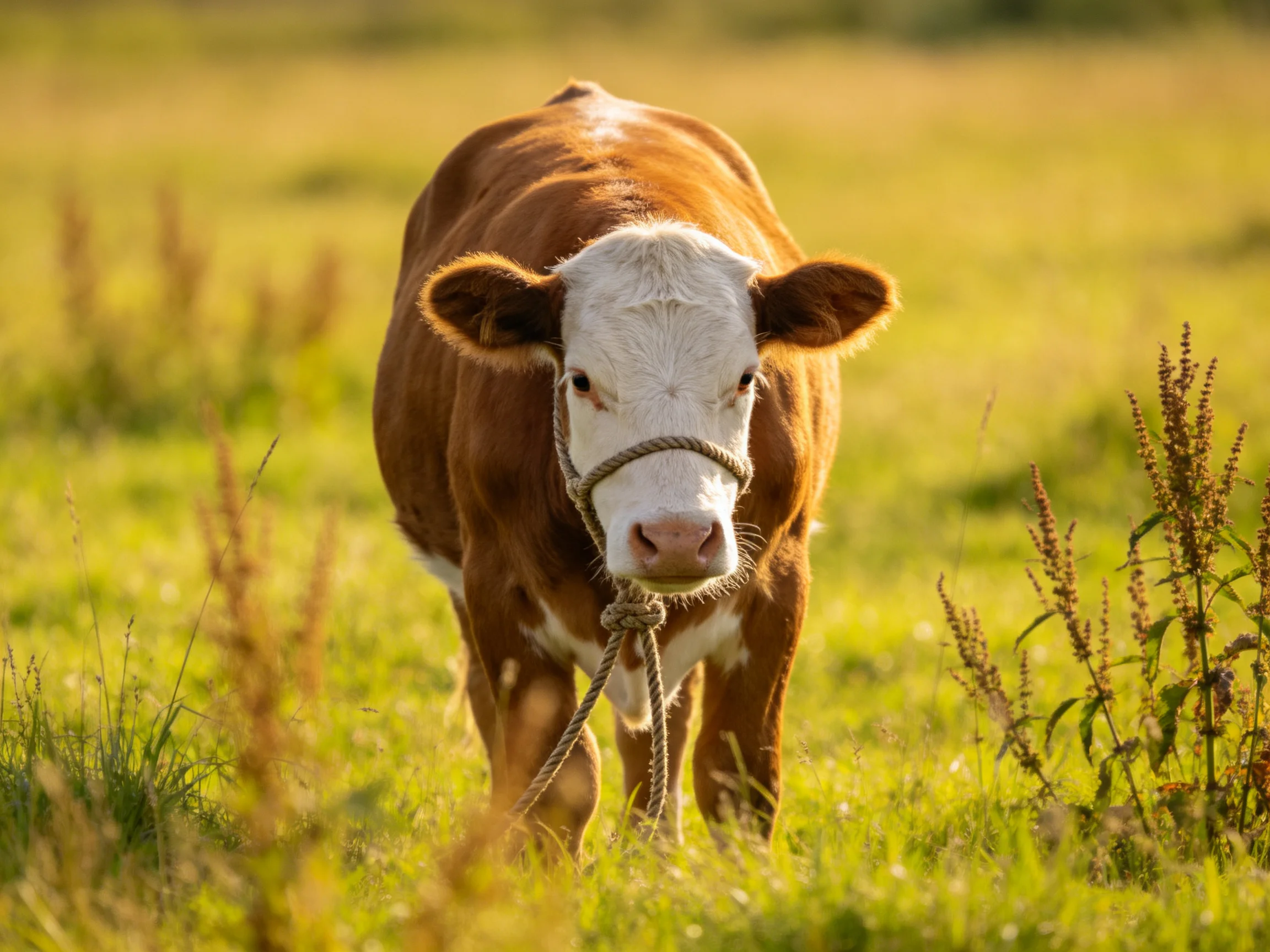 A brown and white cow stands in a sunlit green pasture with a rope halter