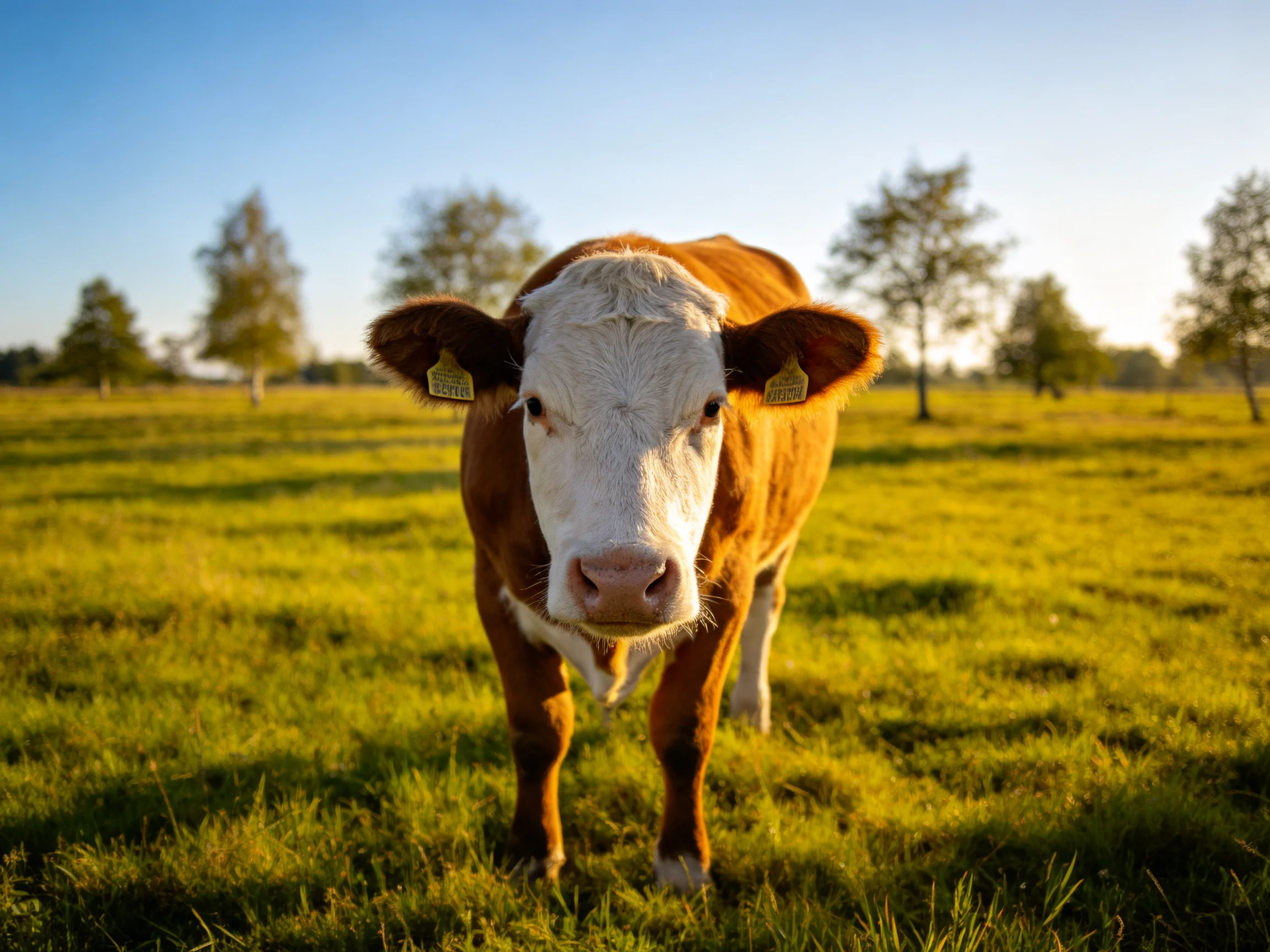 A brown and white cow stands in a sunlit green pasture with distant trees