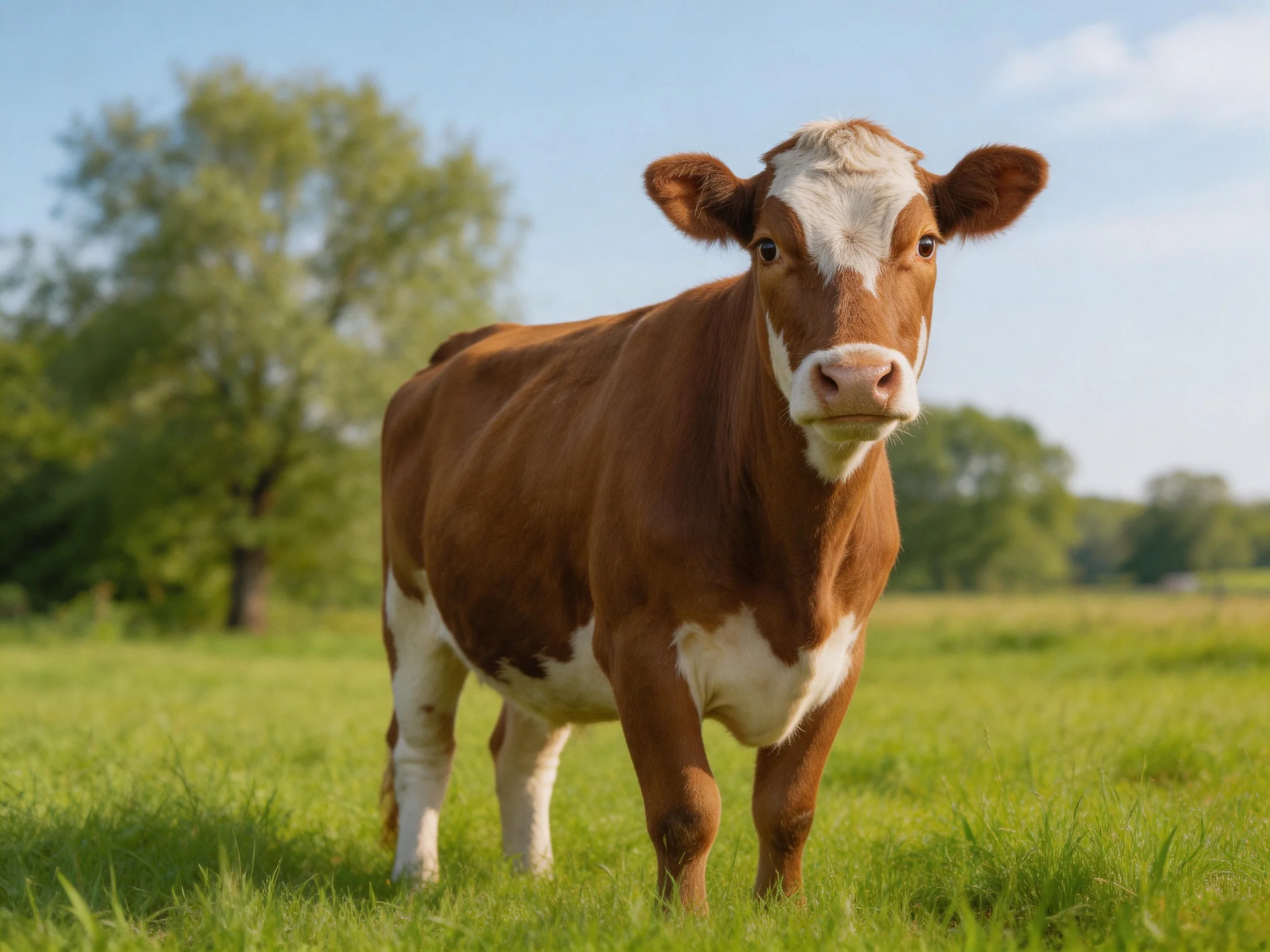 A brown and white cow stands in a sunlit green pasture with distant trees.
