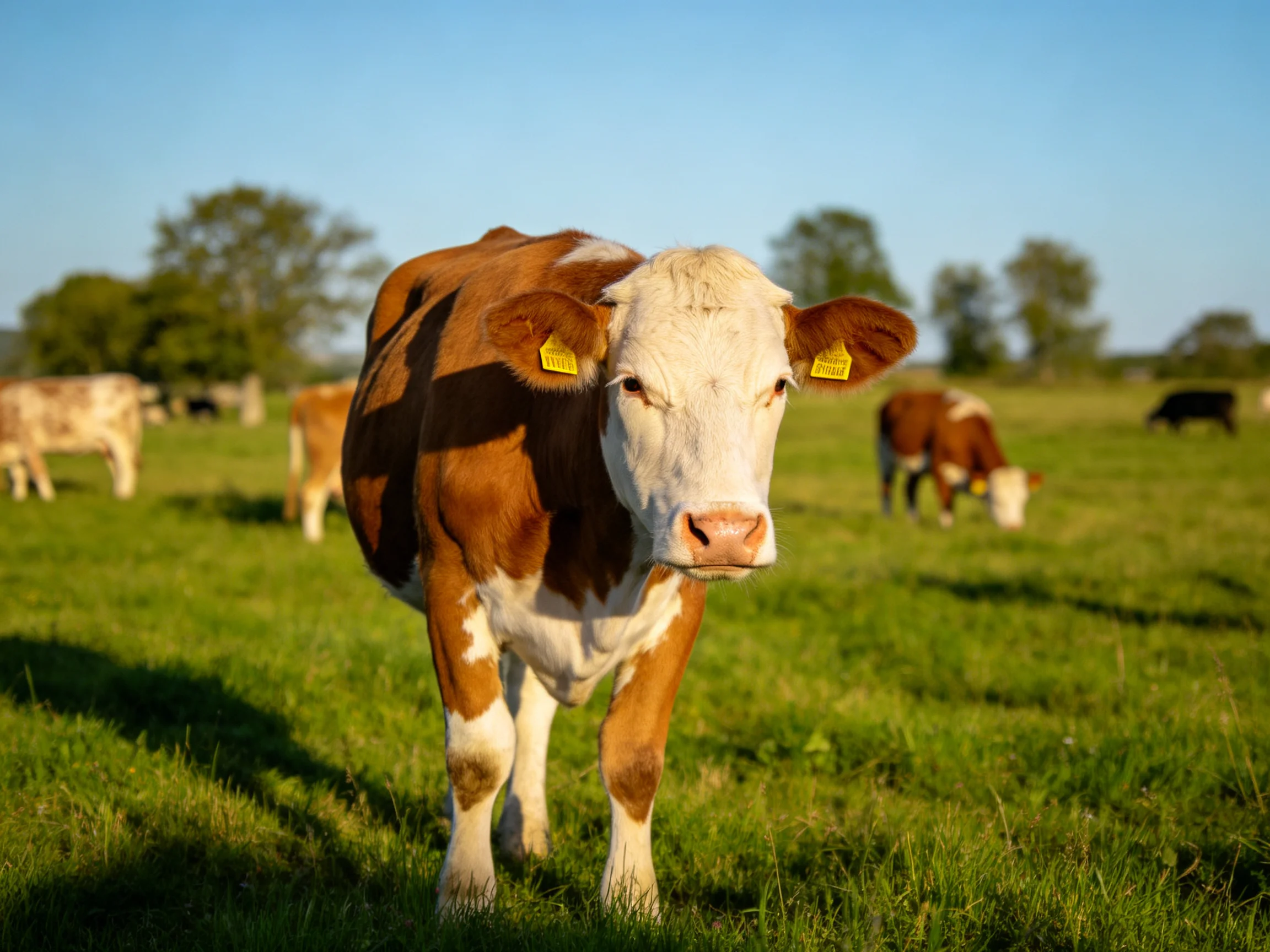 A brown and white cow stands in a sunlit green pasture with other cattle