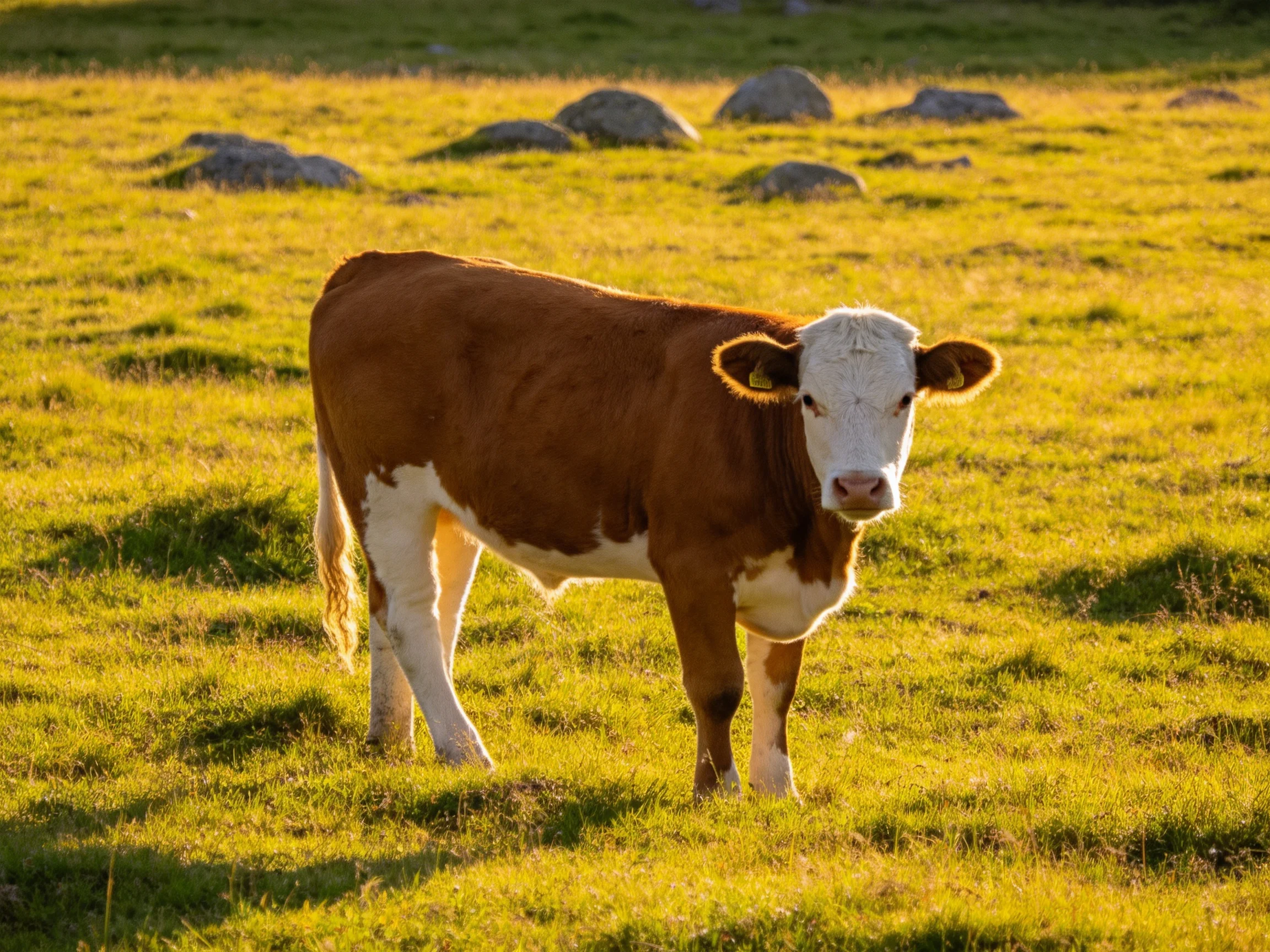 A brown and white cow stands in a sunlit green pasture with scattered rocks