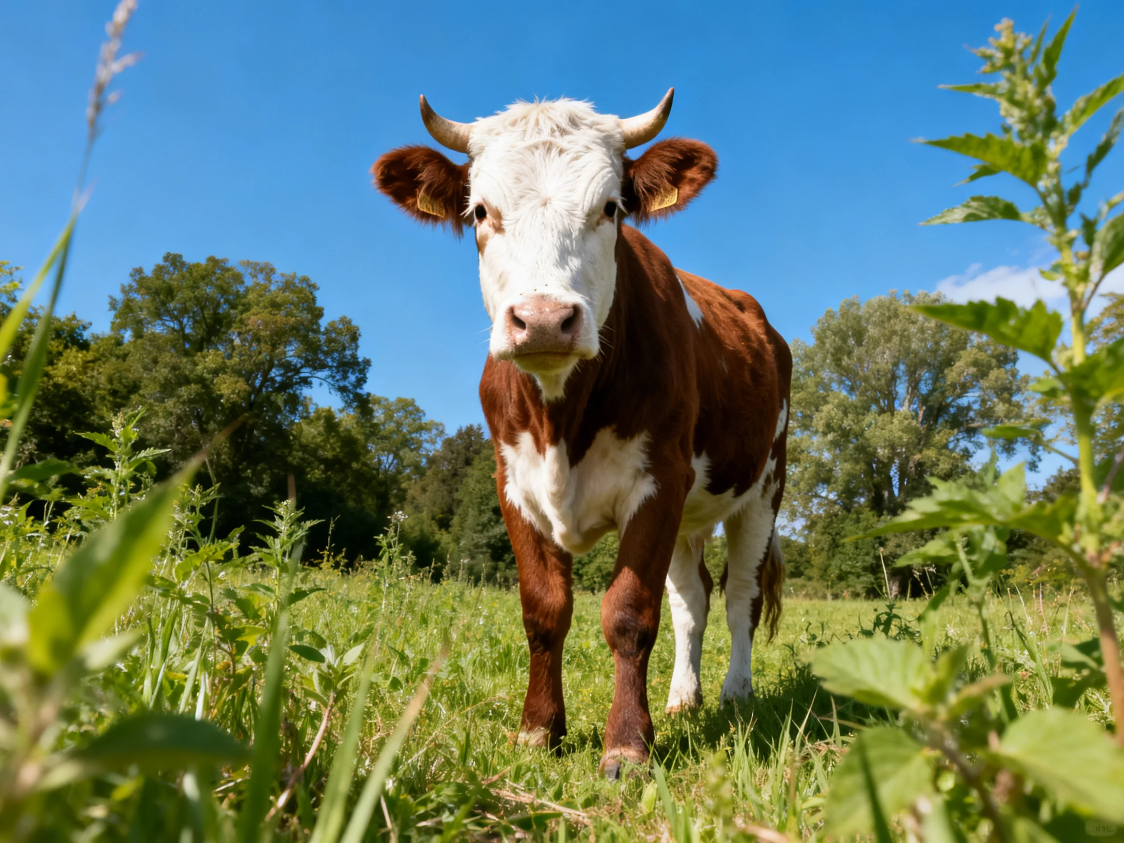 A brown and white cow stands in a sunlit meadow