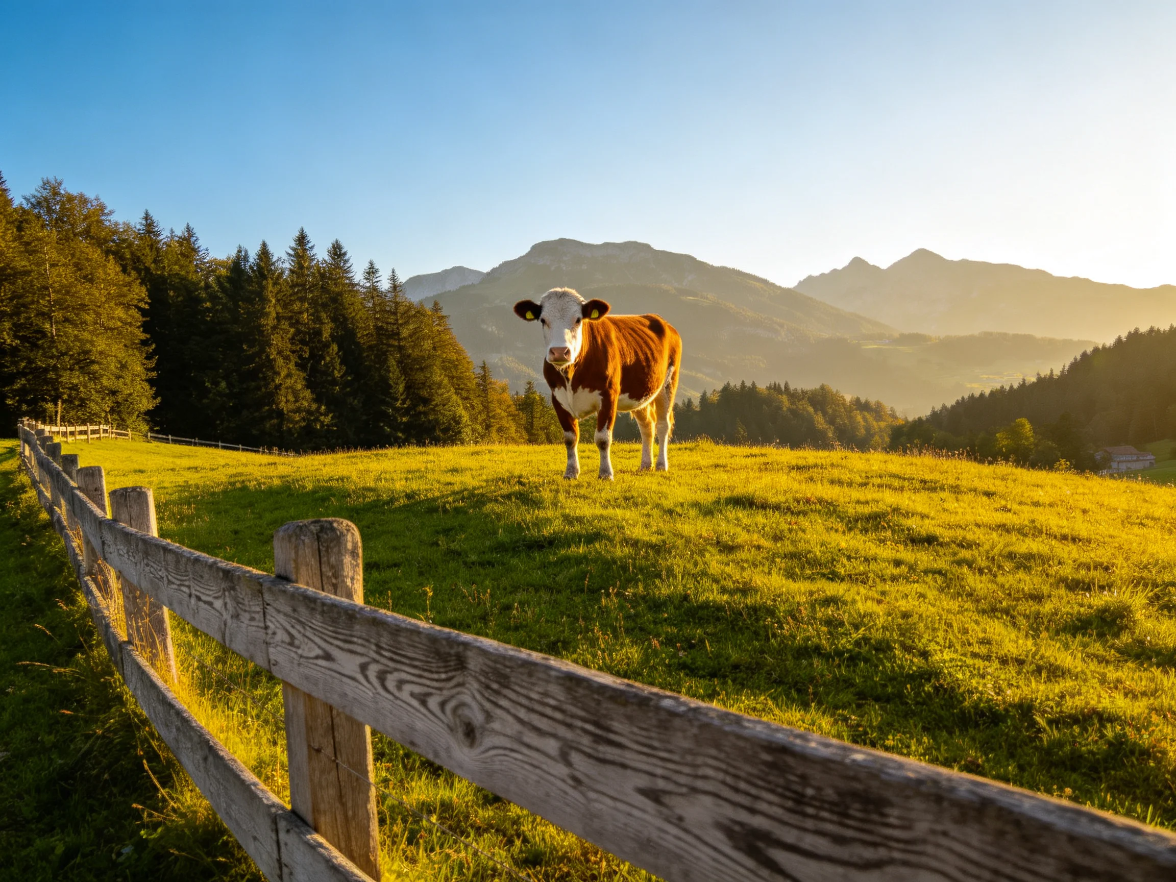 A brown and white cow stands in a sunlit meadow near a wooden fence