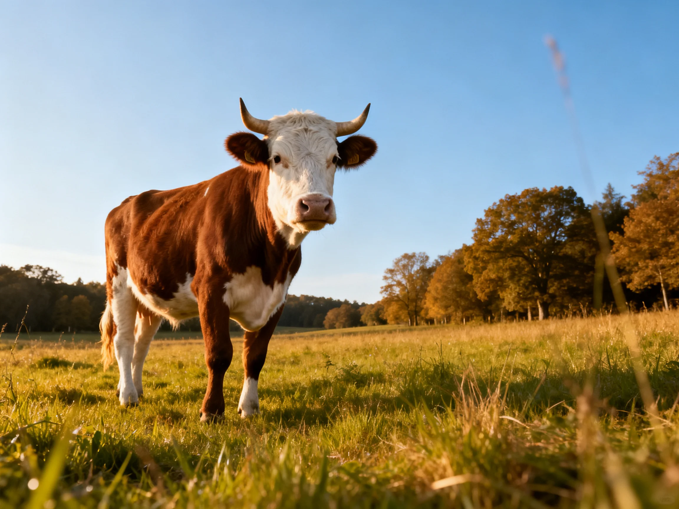 A brown and white cow stands in a sunlit meadow near autumnal trees