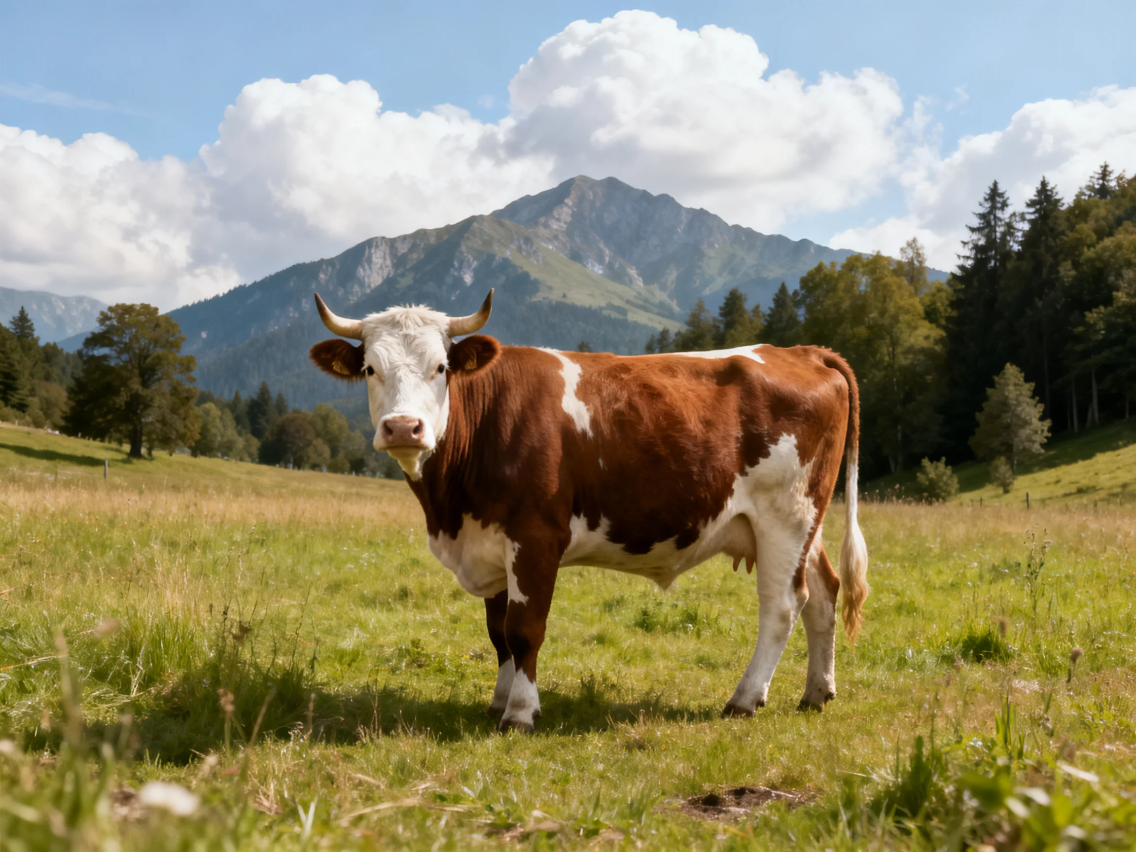 A brown and white cow stands in a sunlit meadow with mountains and trees in the distance