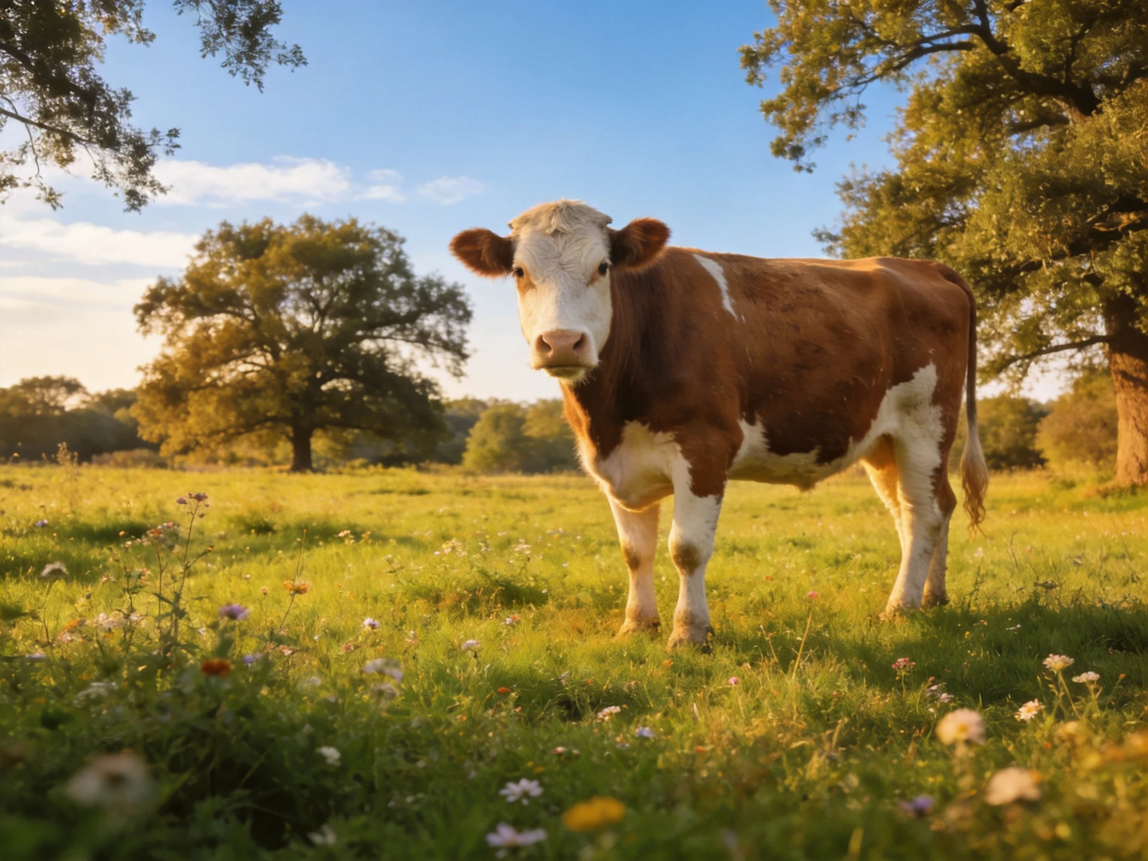 A brown and white cow stands in a sunlit meadow with tall trees