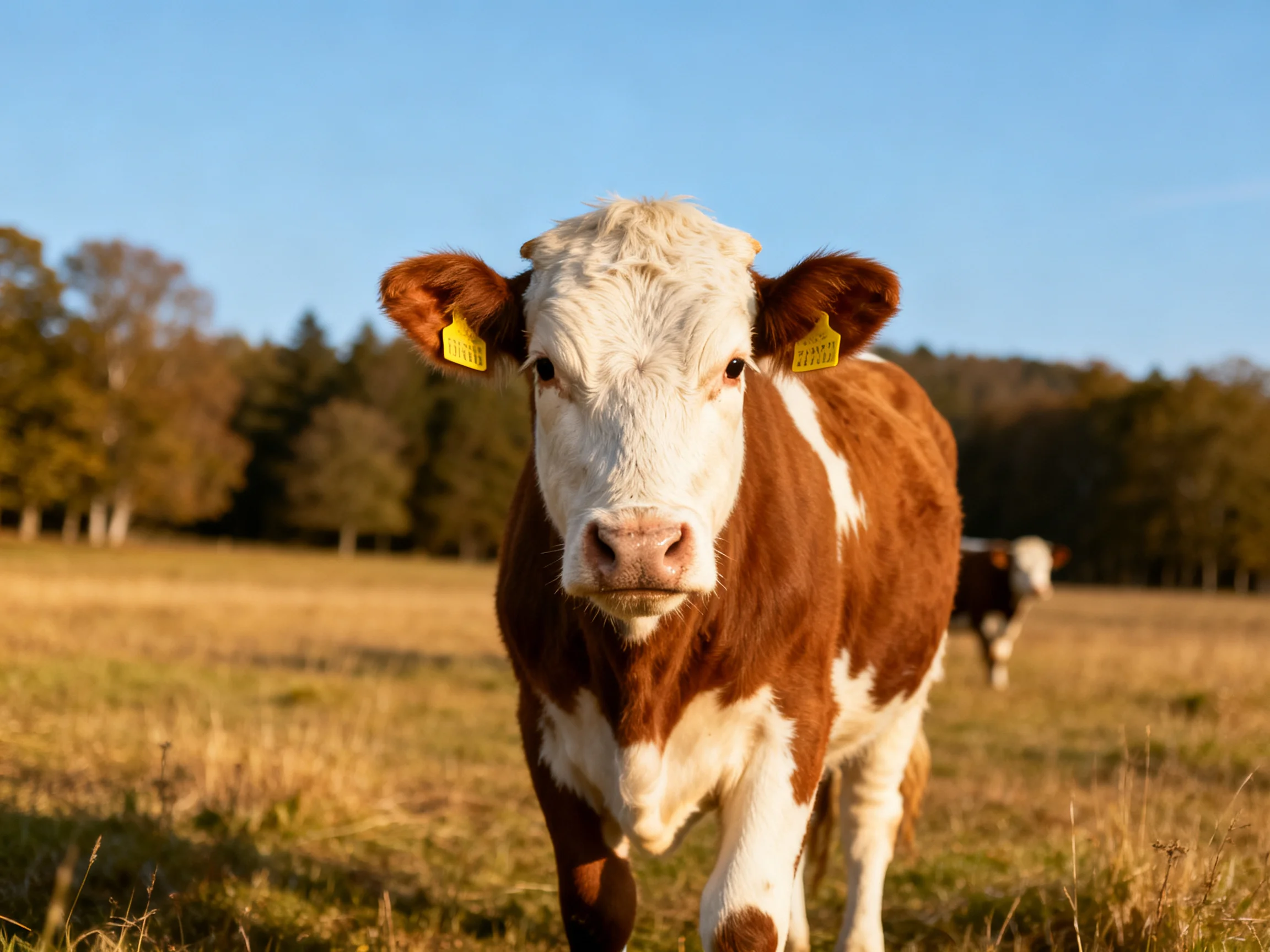 A brown and white cow stands in a sunlit open field with distant trees