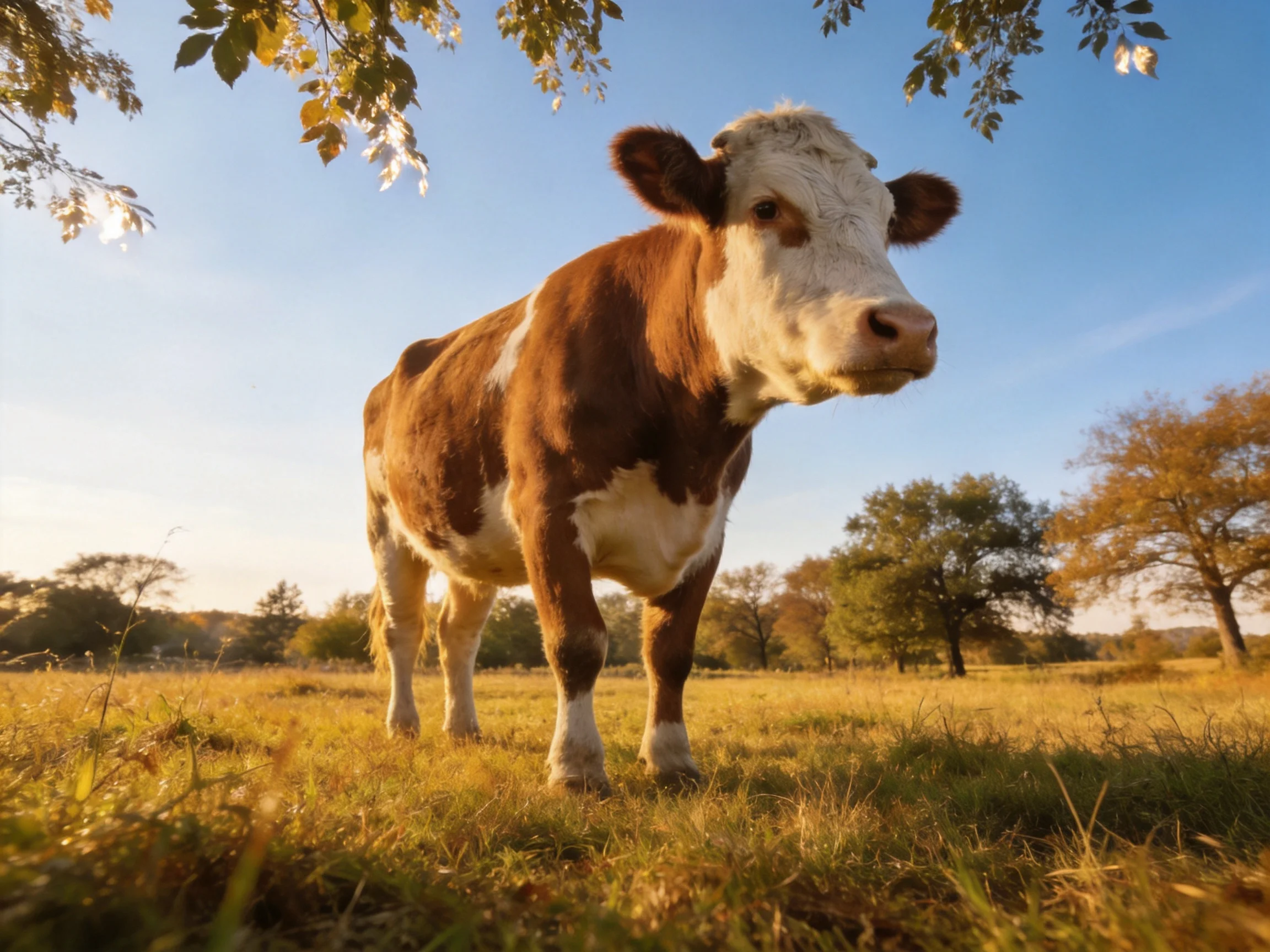 A brown-and-white cow stands in a sunlit open pasture with trees
