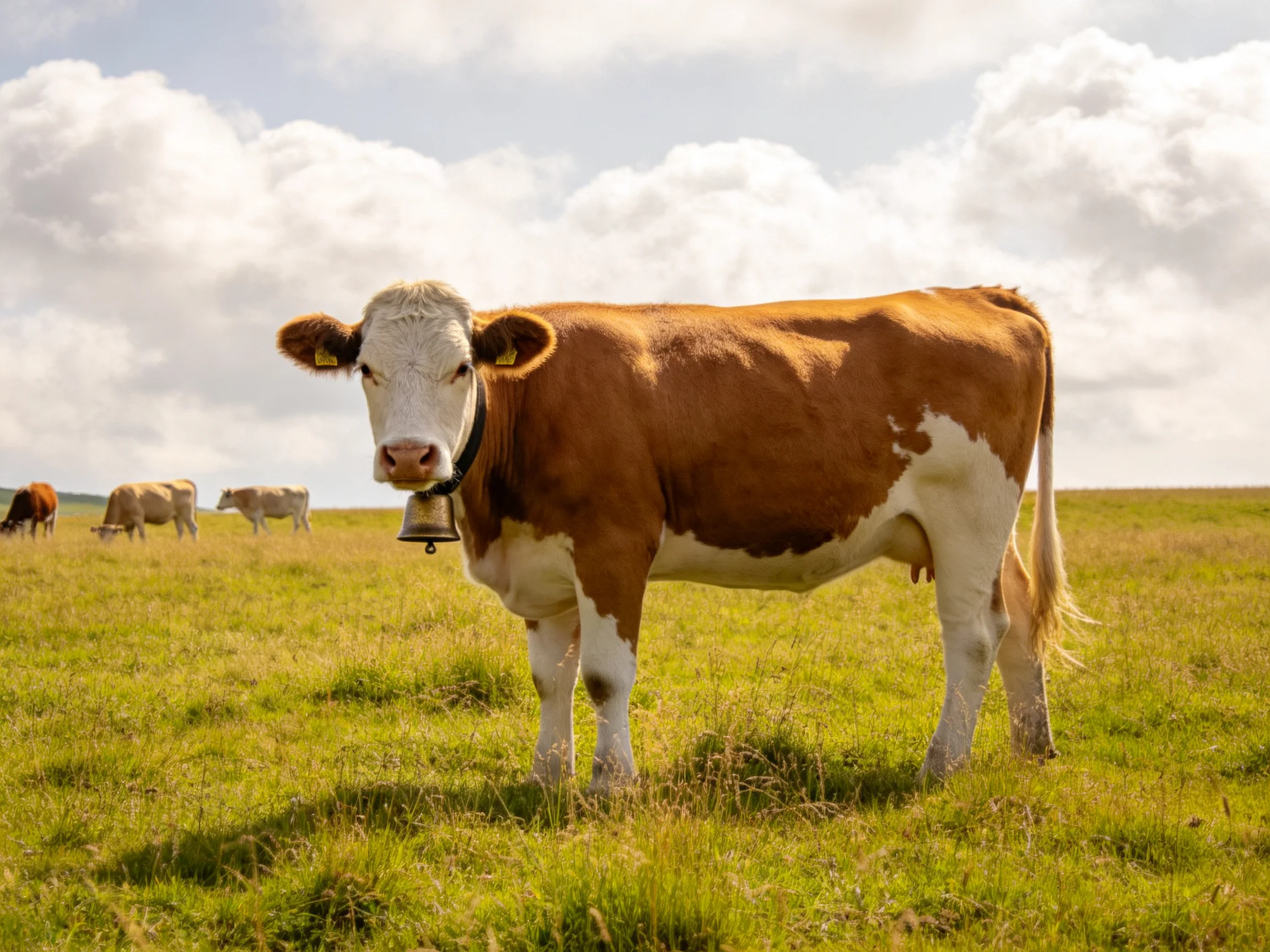 A brown and white cow stands in a sunlit pasture with other cattle
