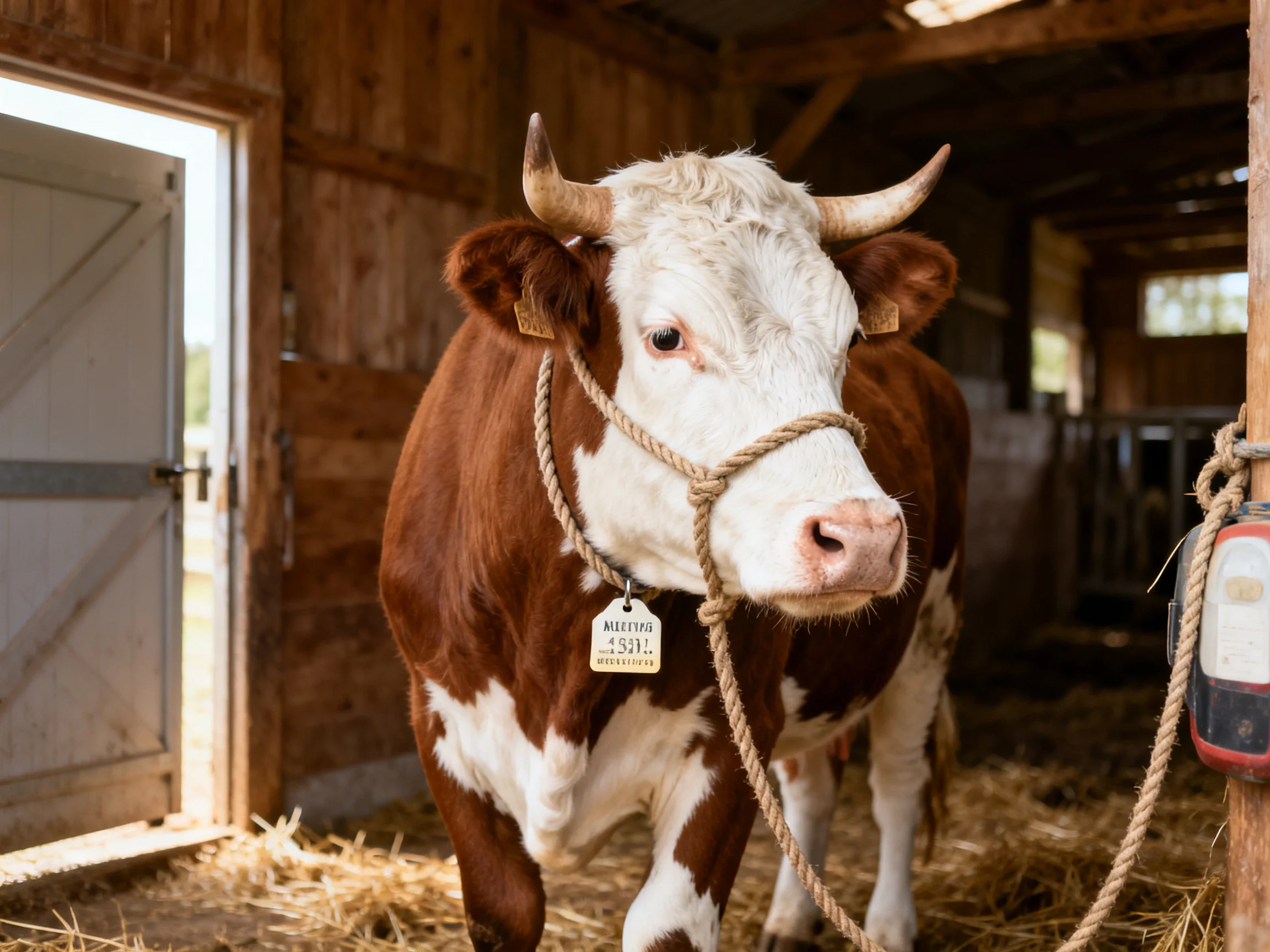 A brown and white cow stands in a wooden barn with hay on the floor
