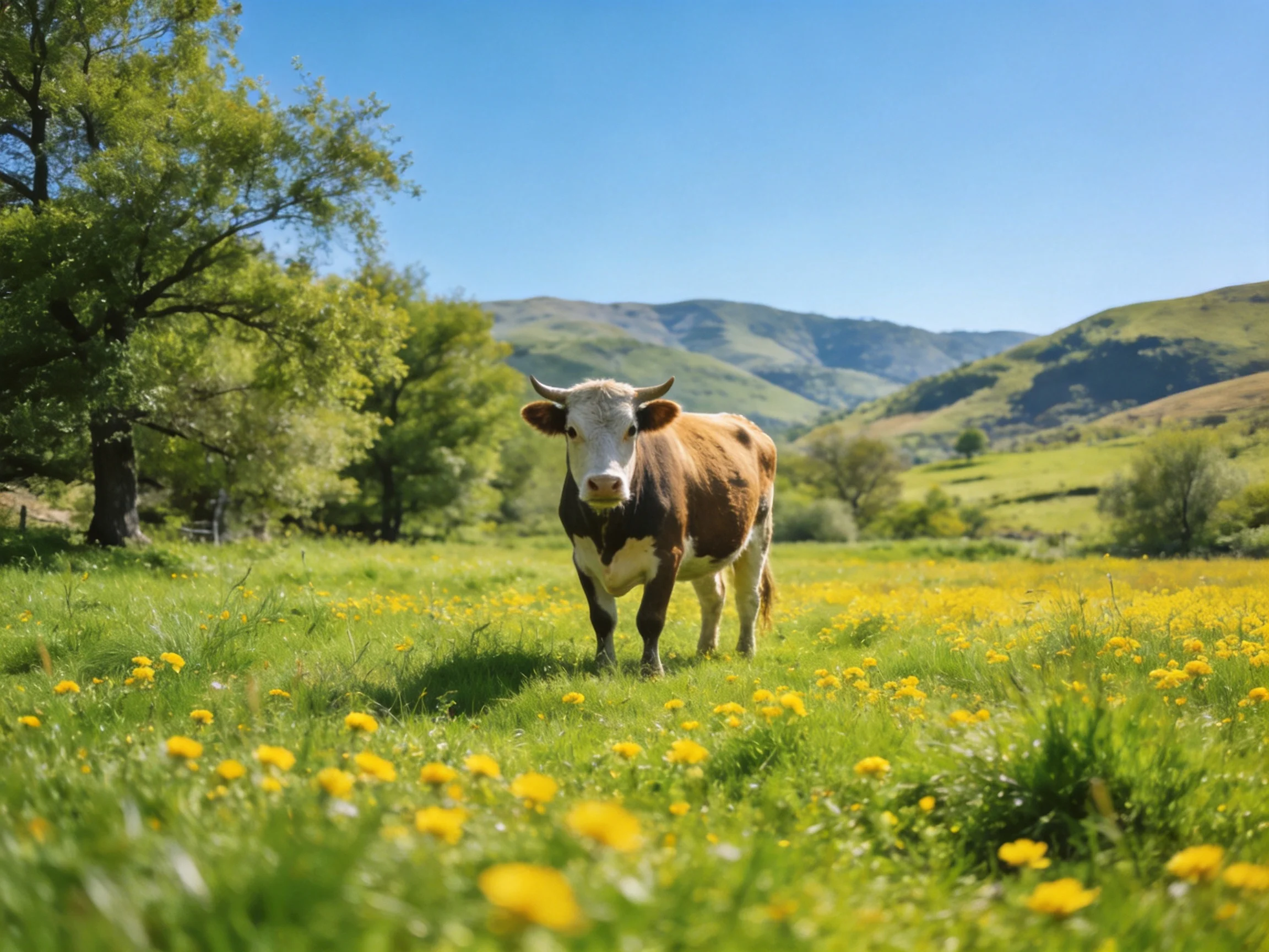 A brown and white cow stands in a yellow-flowered meadow near green hills