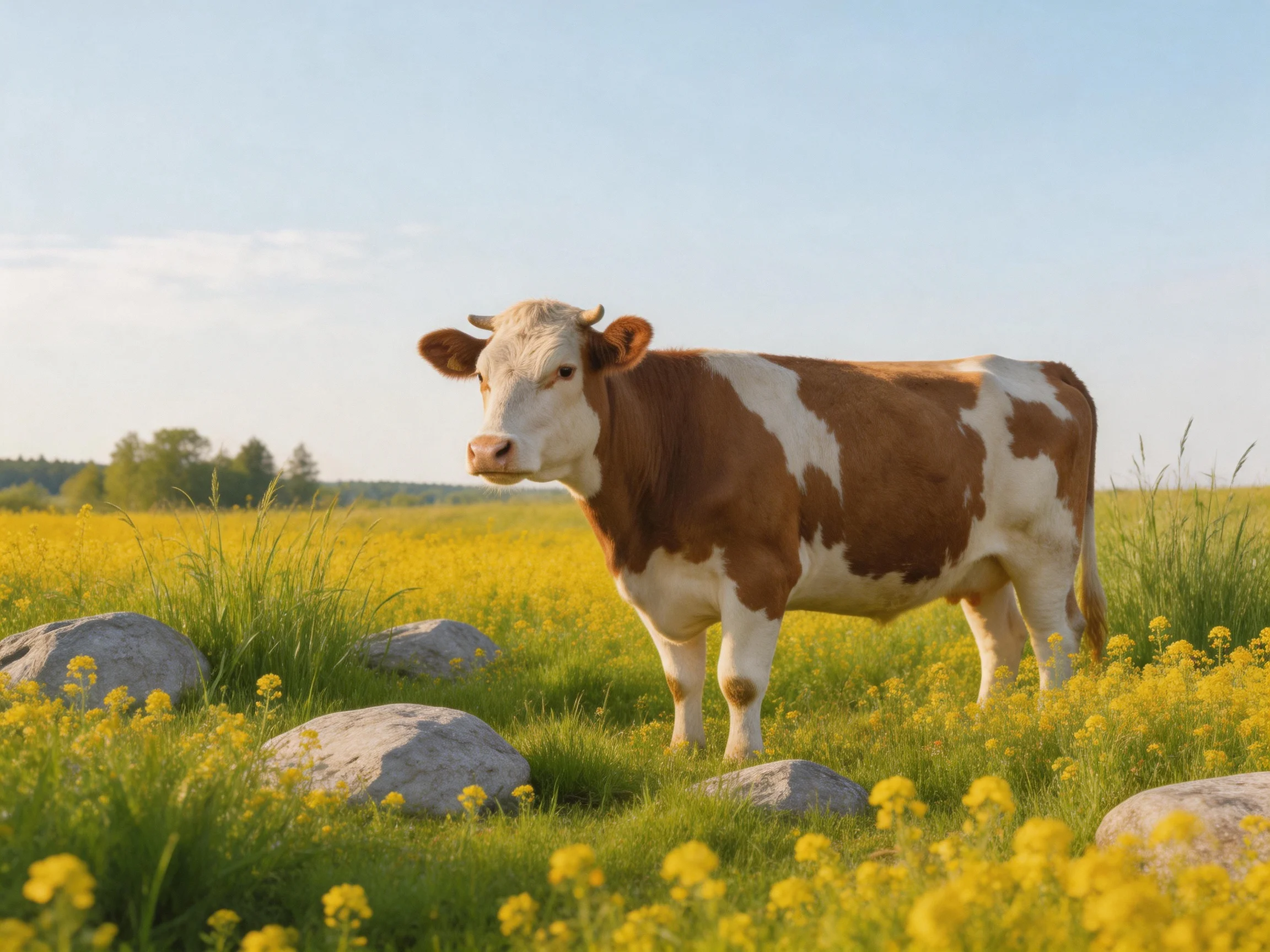 A brown and white cow stands in a yellow-flowered meadow with gray rocks