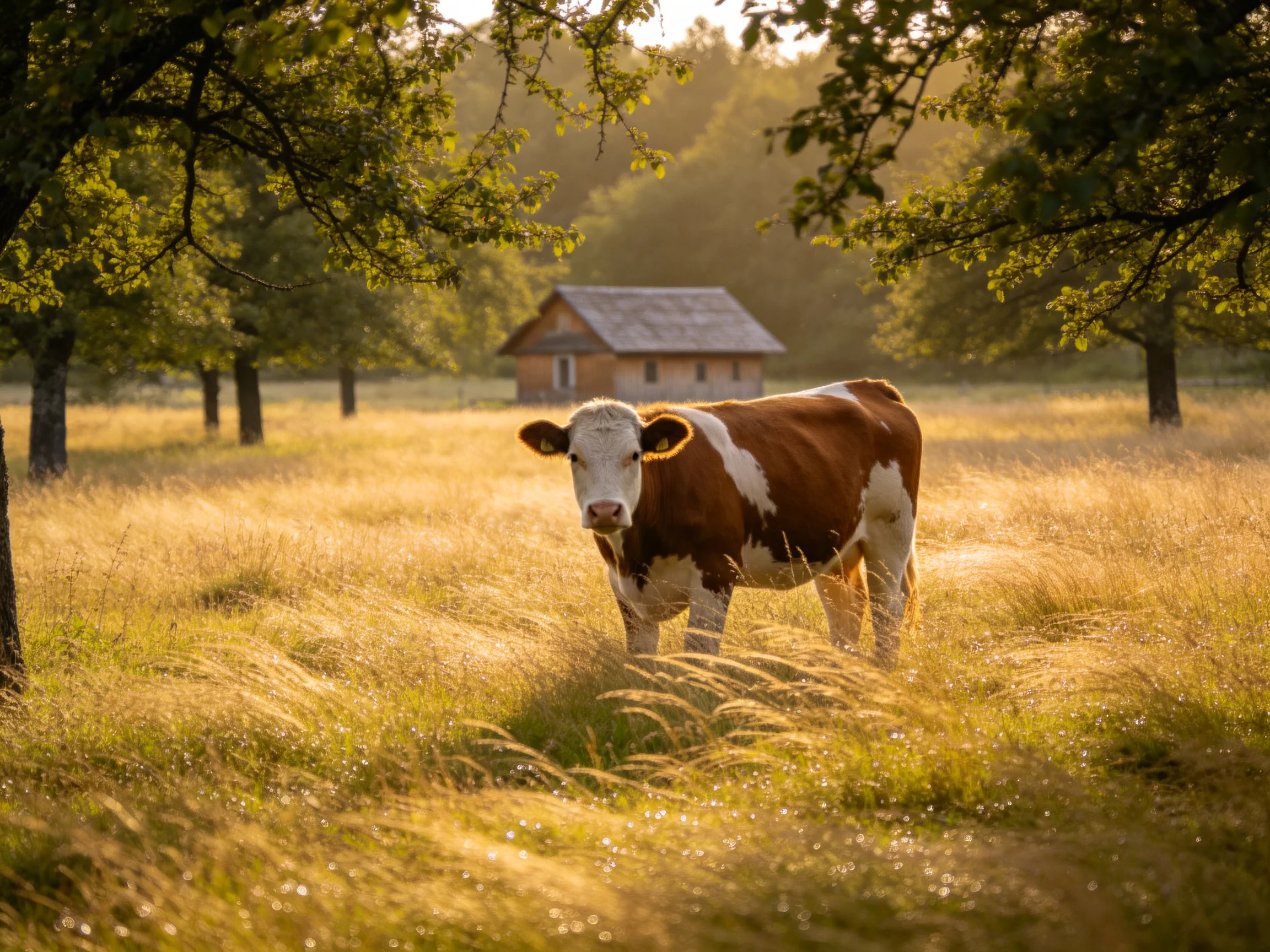 A brown-and-white cow stands in golden grass near a wooden cabin
