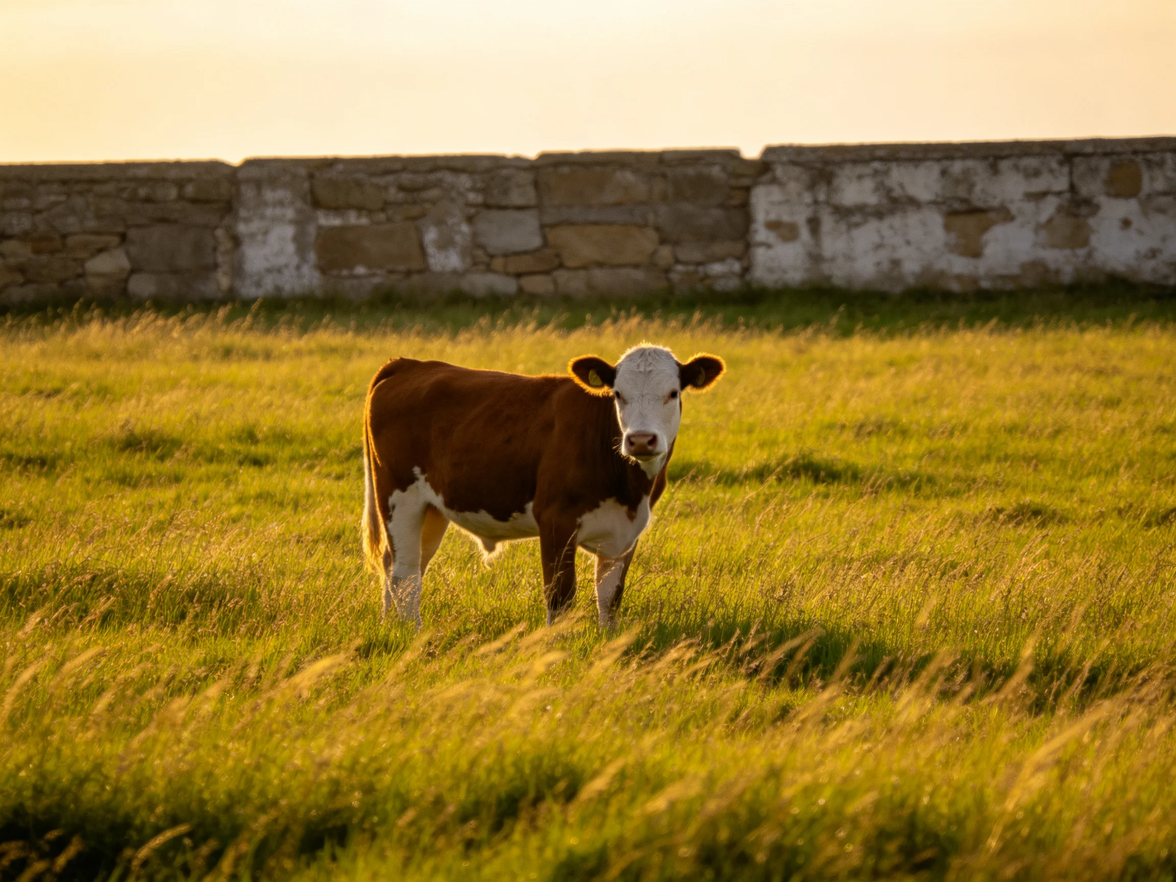 A brown and white cow stands in tall green grass beside an aged stone wall
