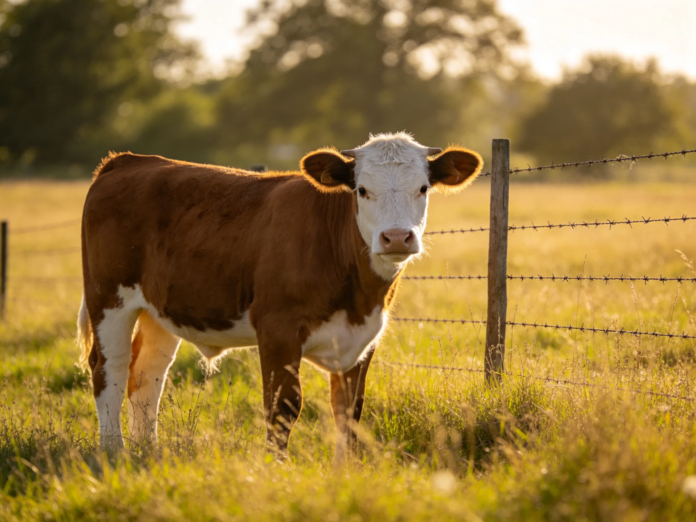 A brown and white cow stands near a barbed wire fence in a sunlit pasture