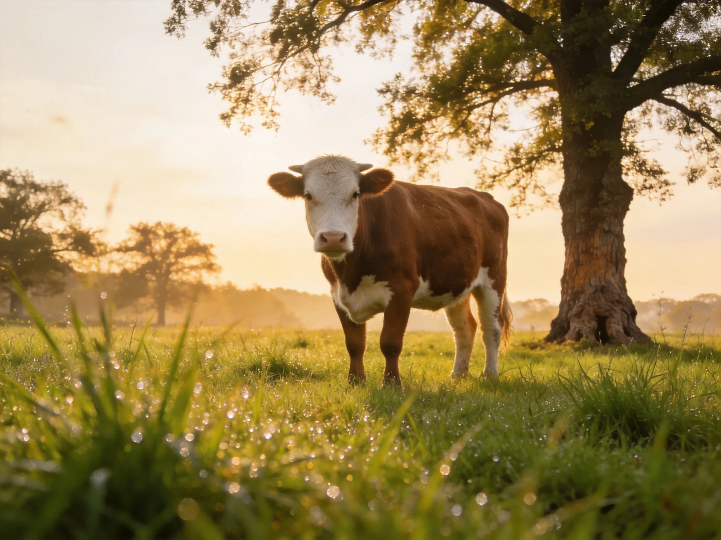 A brown and white cow stands near a large tree in a dewy meadow