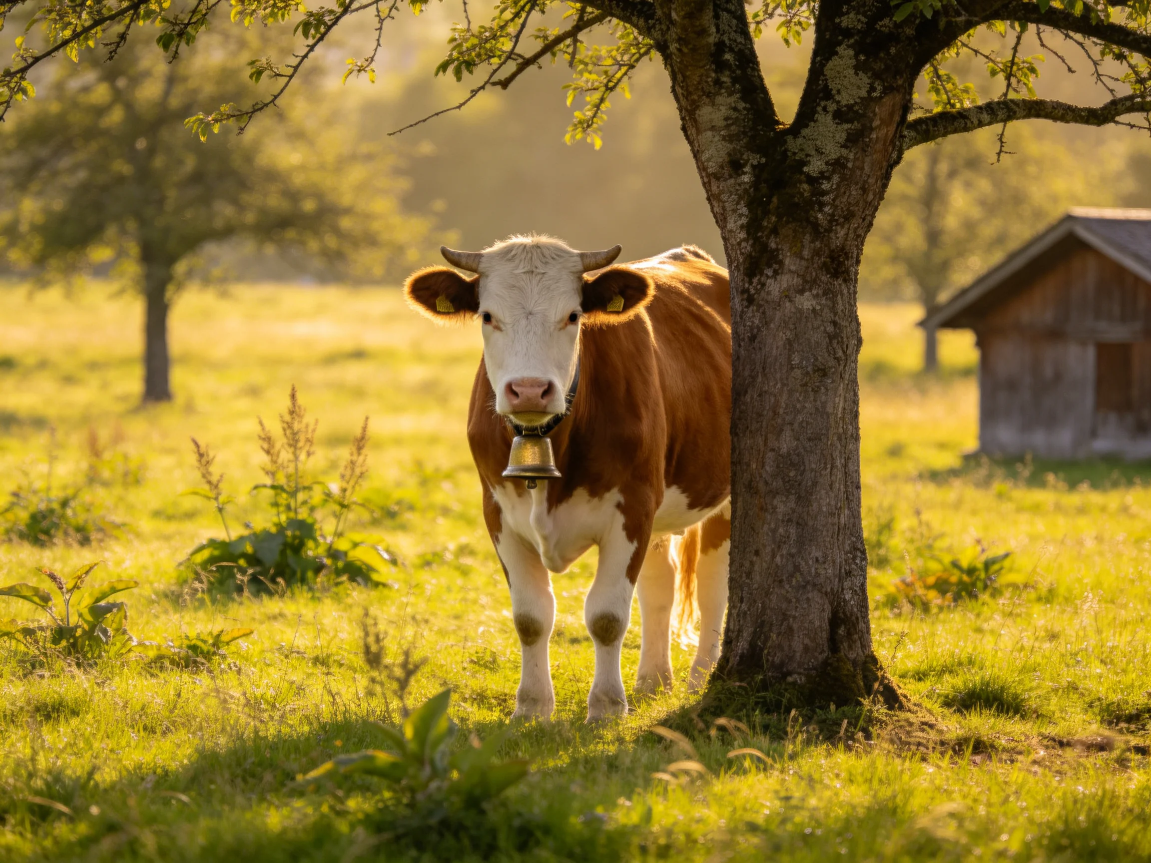 A brown and white cow stands near a large tree in a sunlit meadow