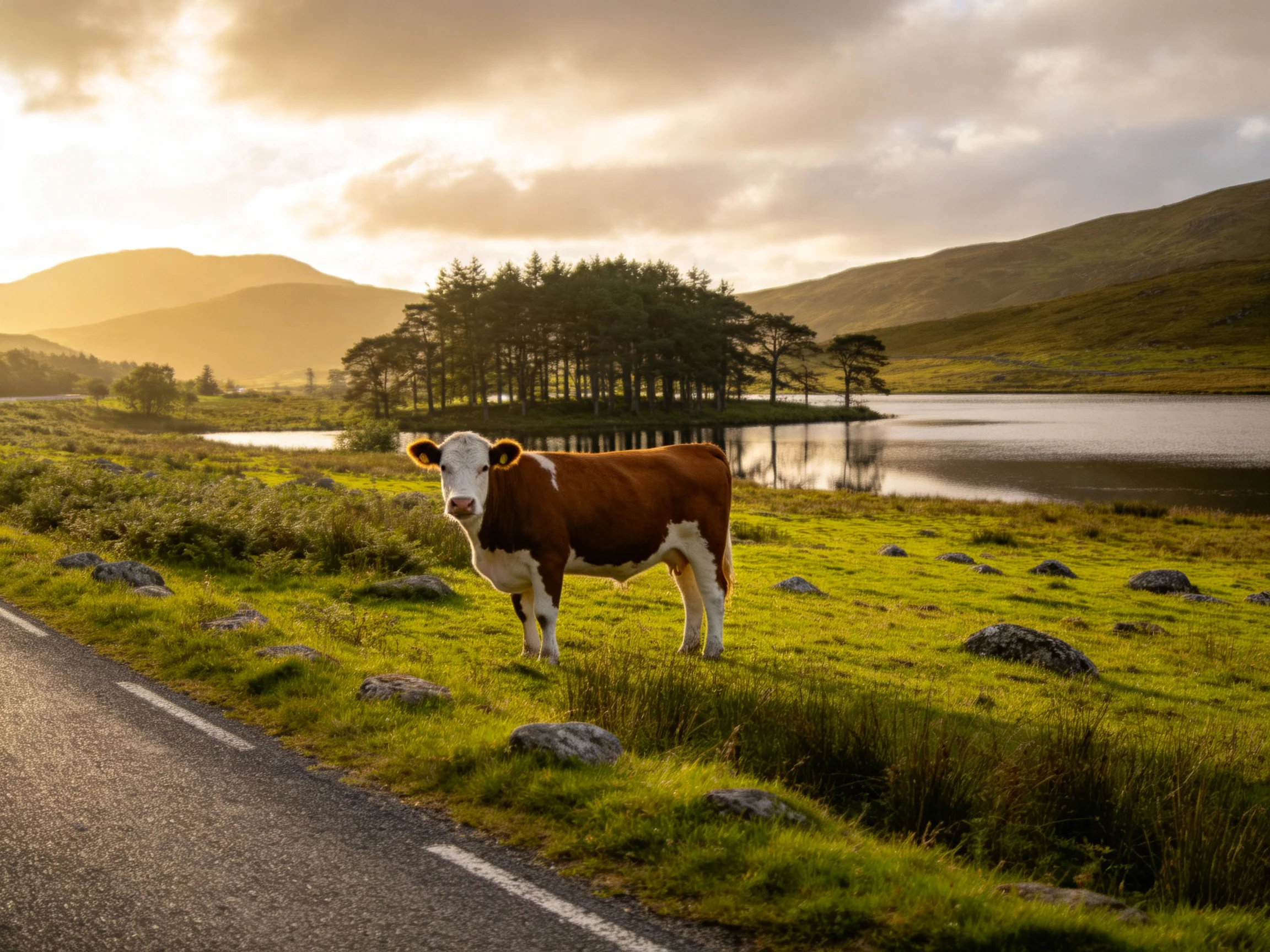 A brown and white cow stands near a road by a serene lake at sunset