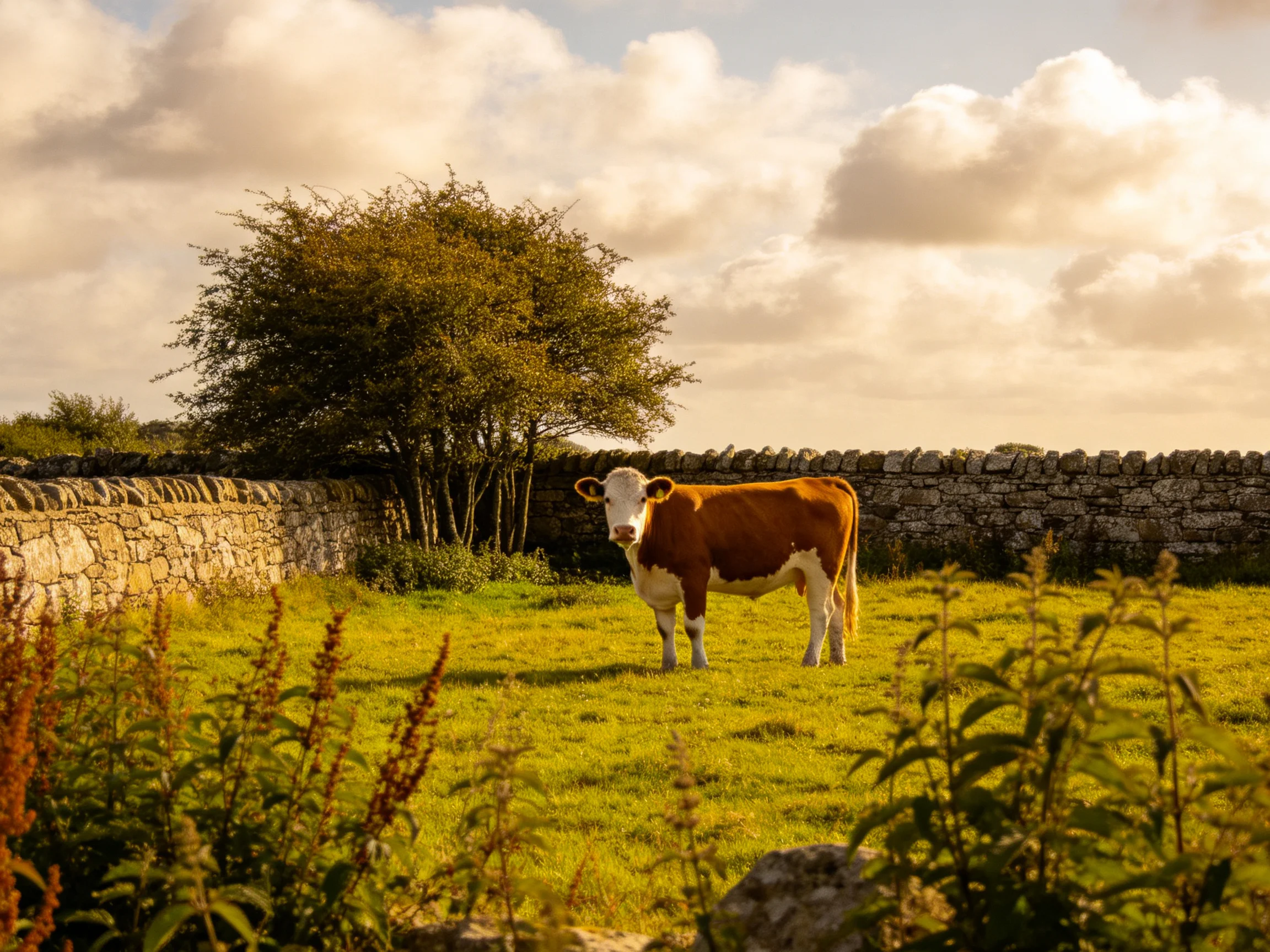 A brown and white cow stands near a stone wall with greenery