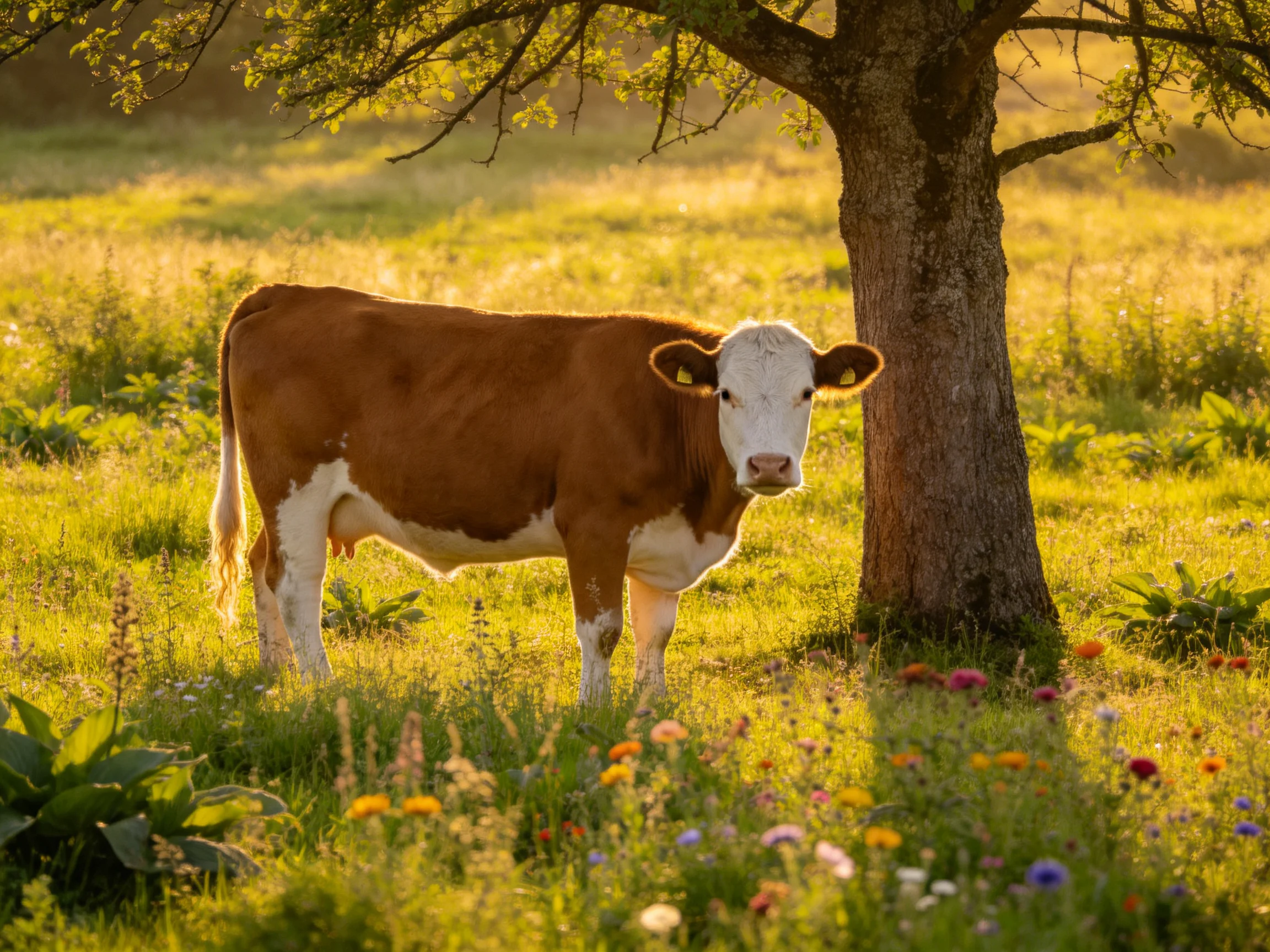 A brown and white cow stands near a tree in a sunlit flower-filled meadow