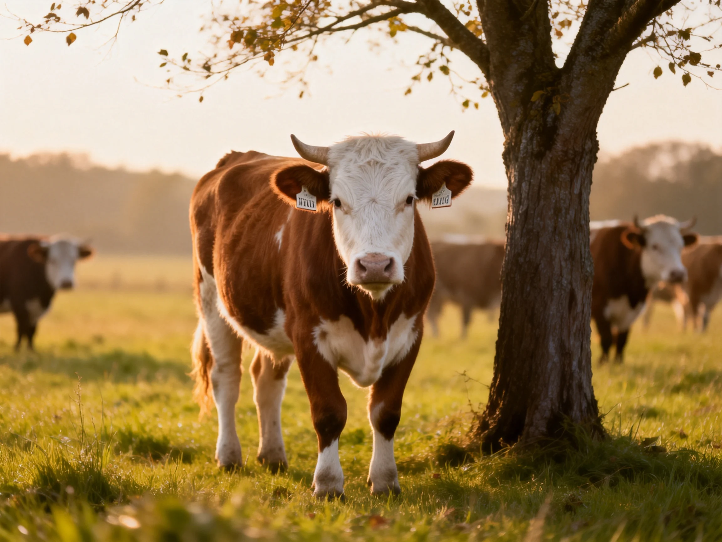A brown and white cow stands near a tree in a sunlit pasture
