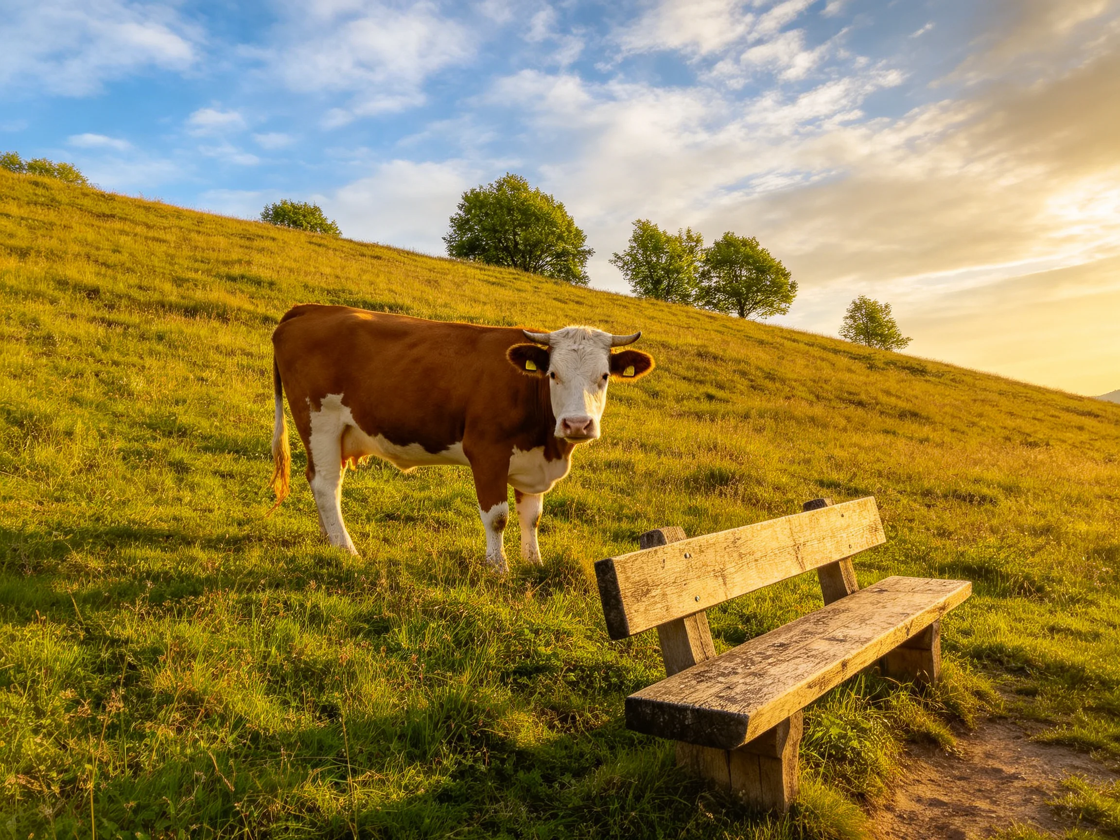 A brown and white cow stands near a weathered wooden bench on a sunlit grassy hill