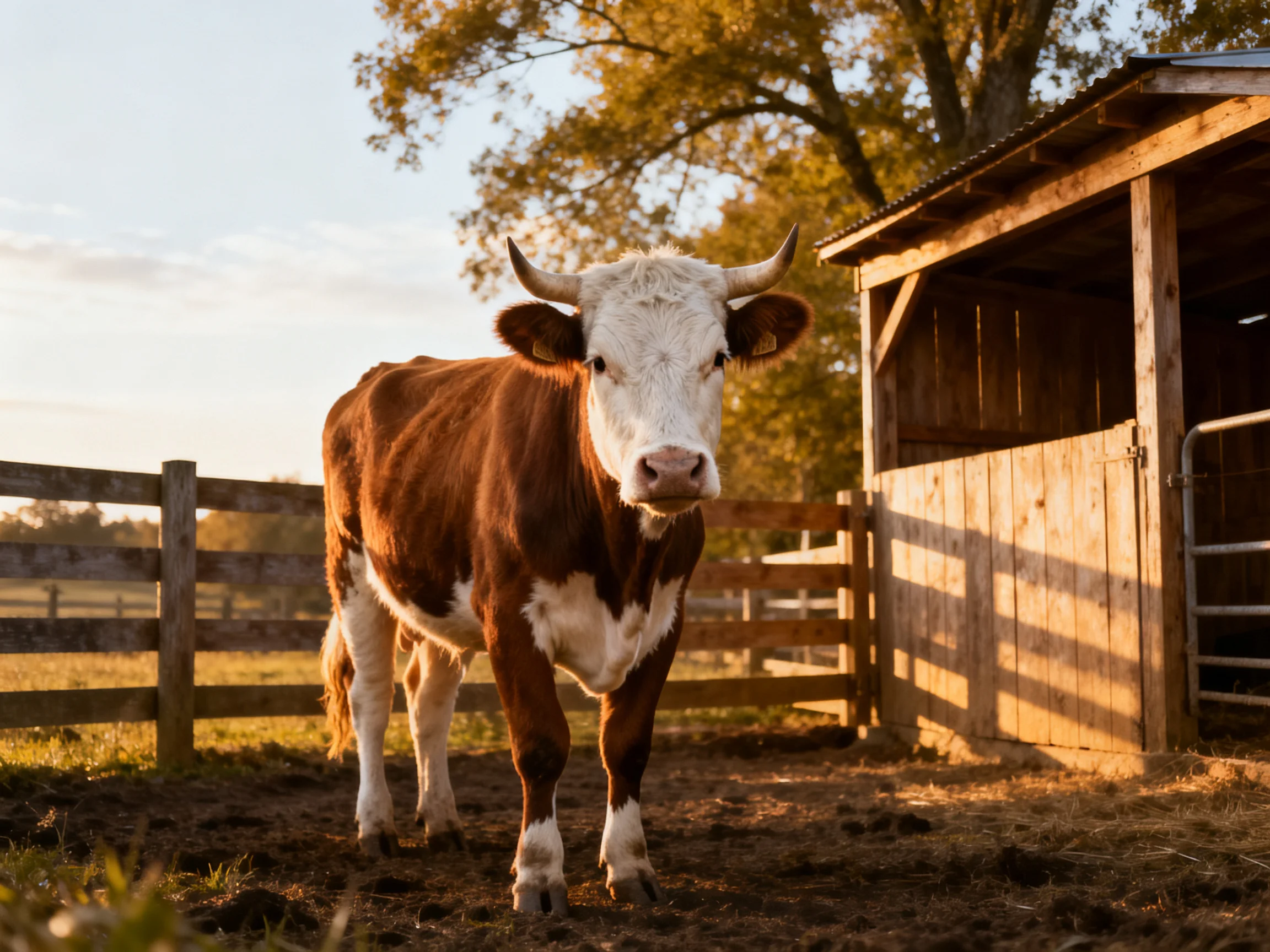 A brown and white cow stands near a wooden barn in a sunlit farm
