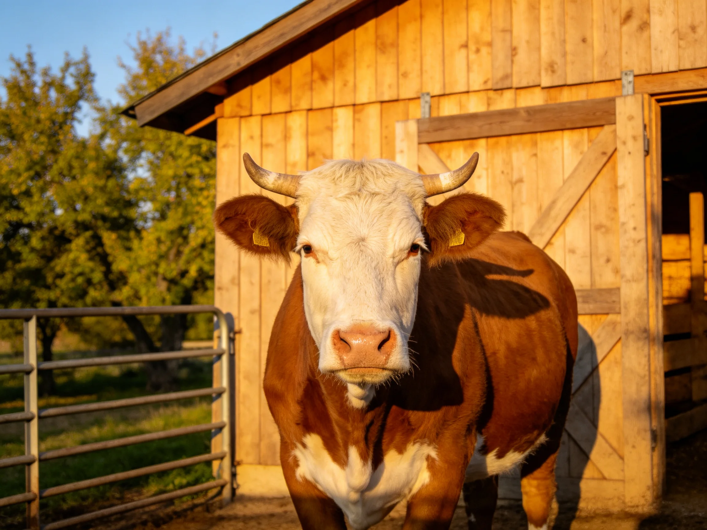 A brown and white cow stands near a wooden barn under warm sunlight