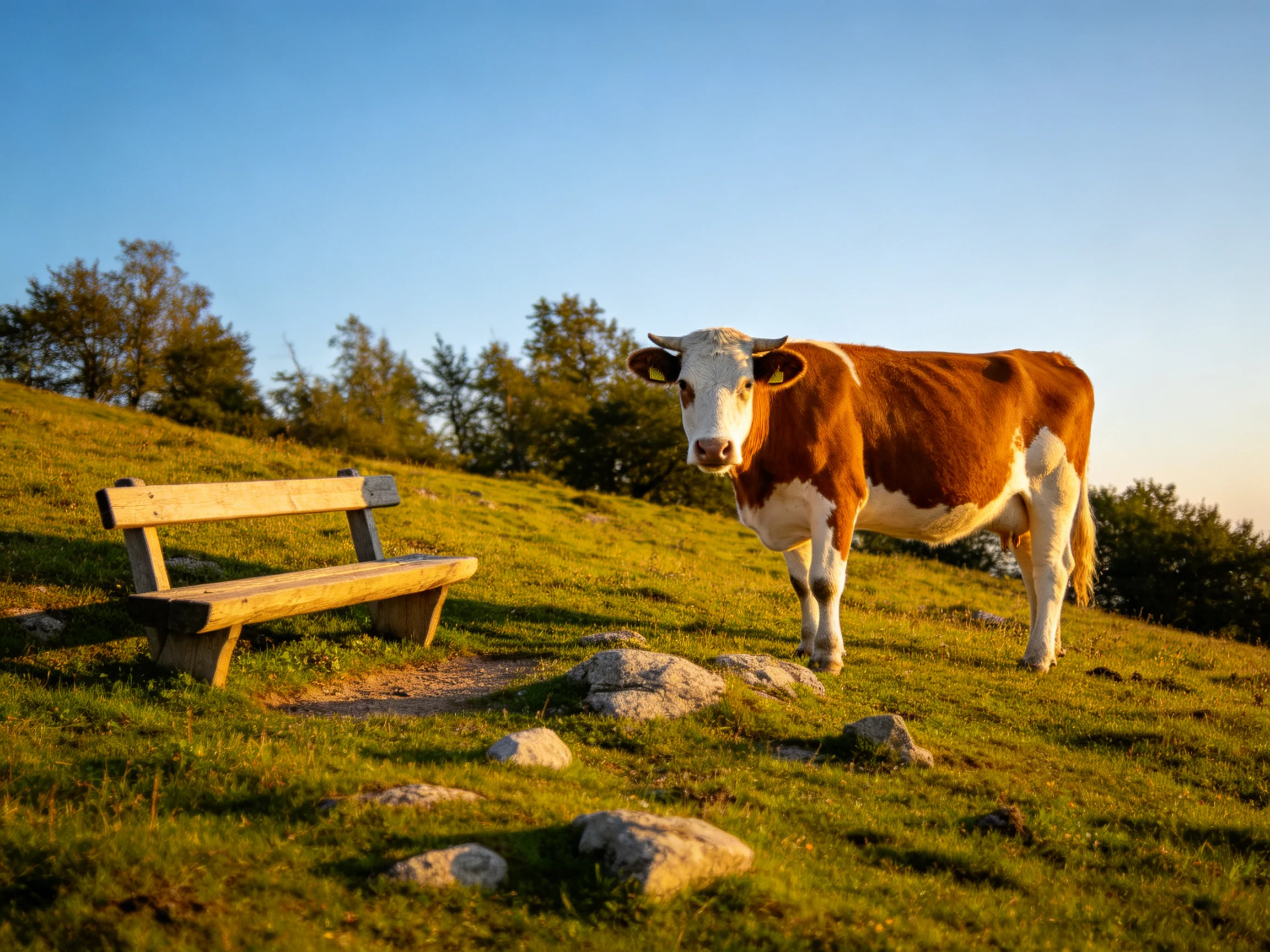 A brown and white cow stands near a wooden bench on a sunny hillside