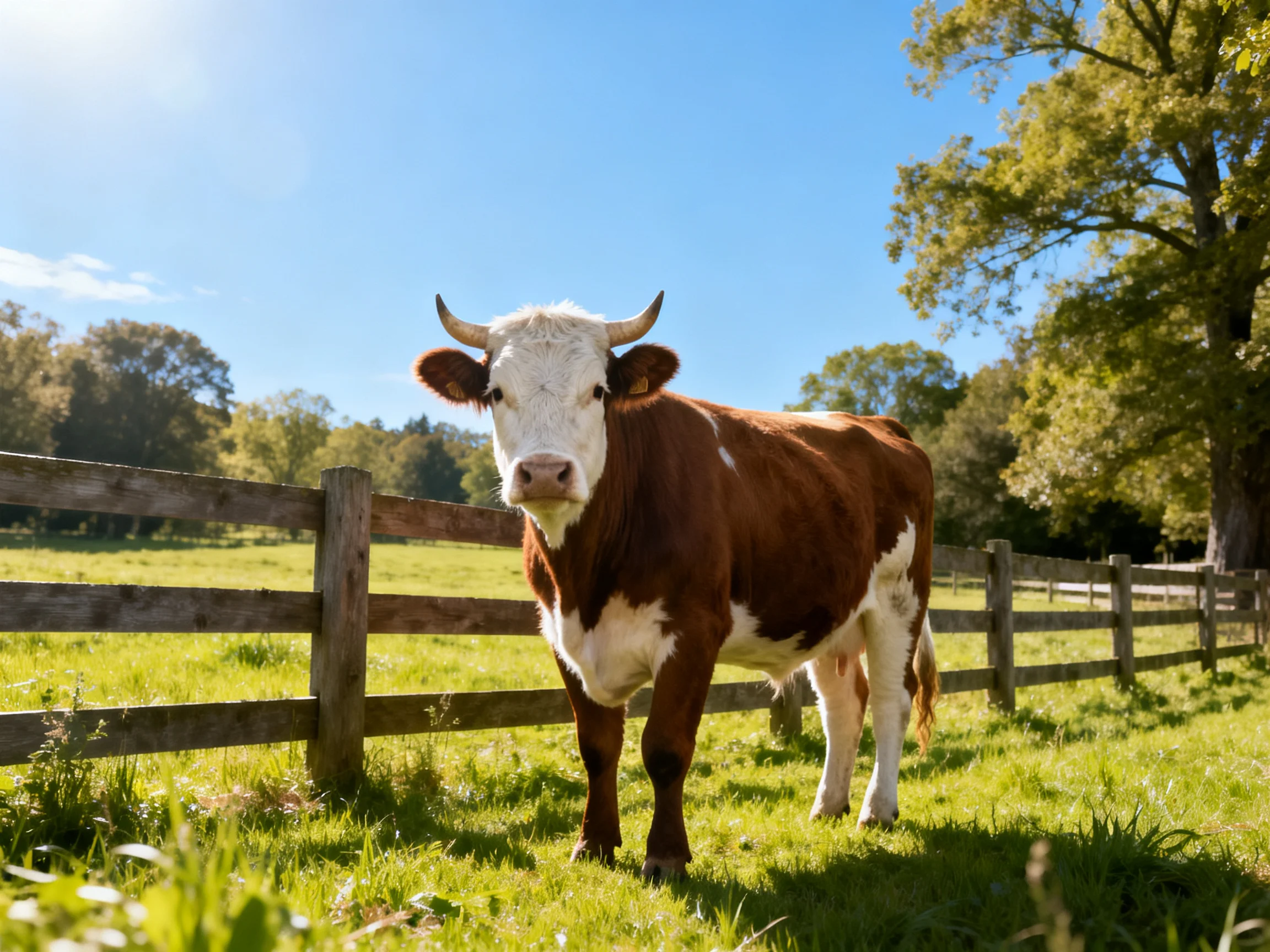 A brown and white cow stands near a wooden fence in a sunny pasture