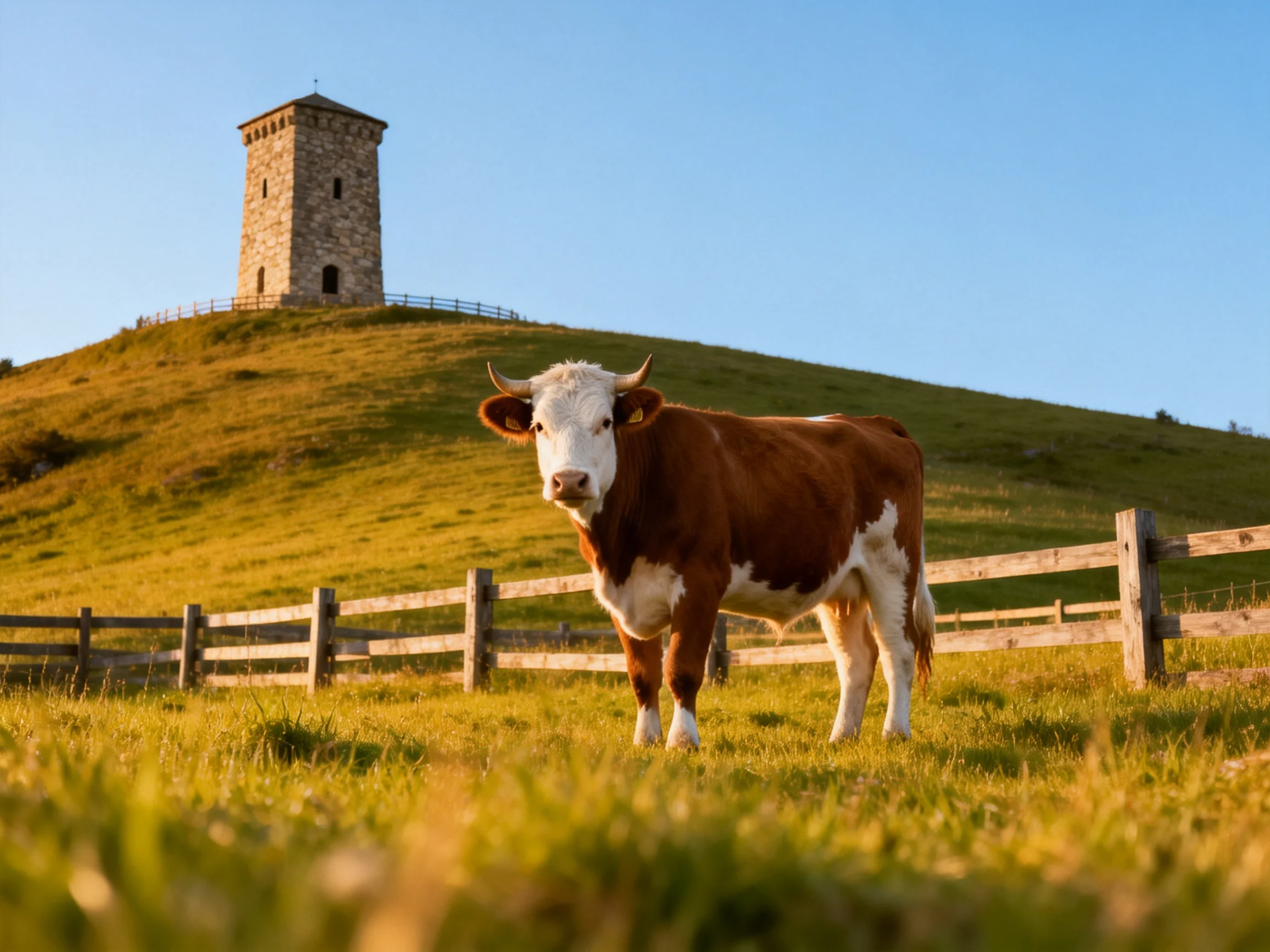A brown and white cow stands near a wooden fence with a stone tower on a green hill