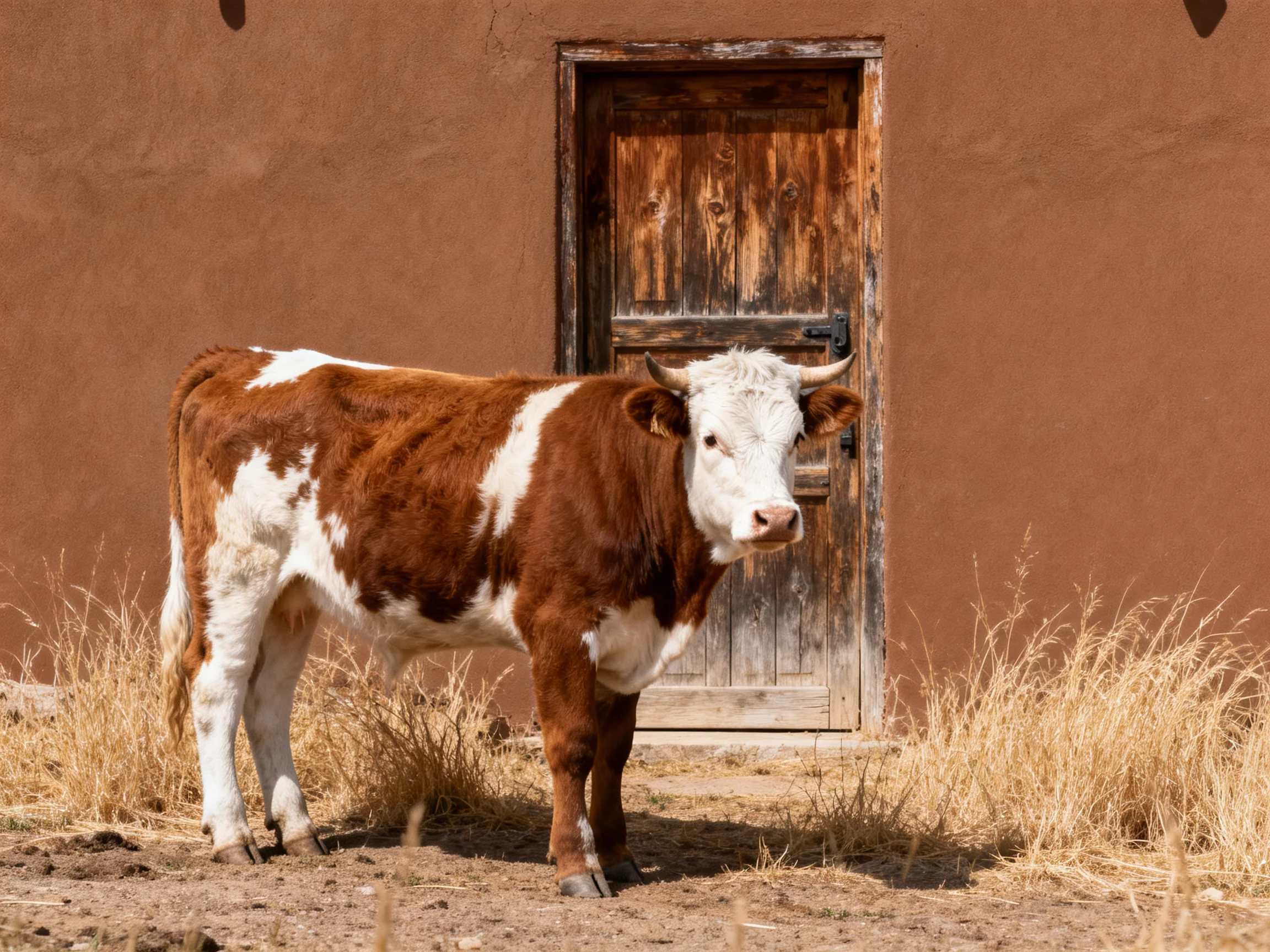 A brown and white cow stands near an aged wooden door by a reddish-brown building