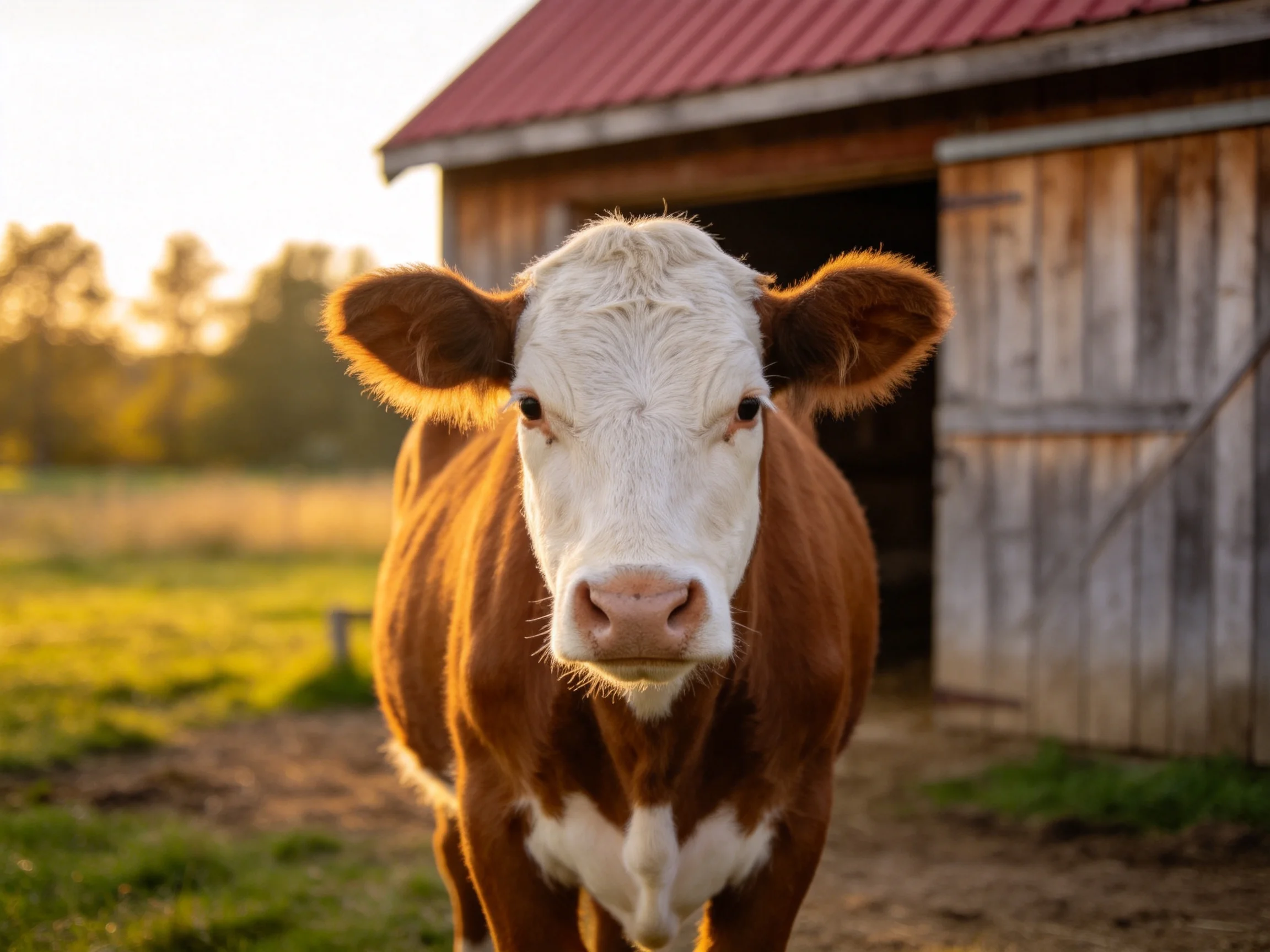 A brown and white cow stands near an old wooden barn at sunset