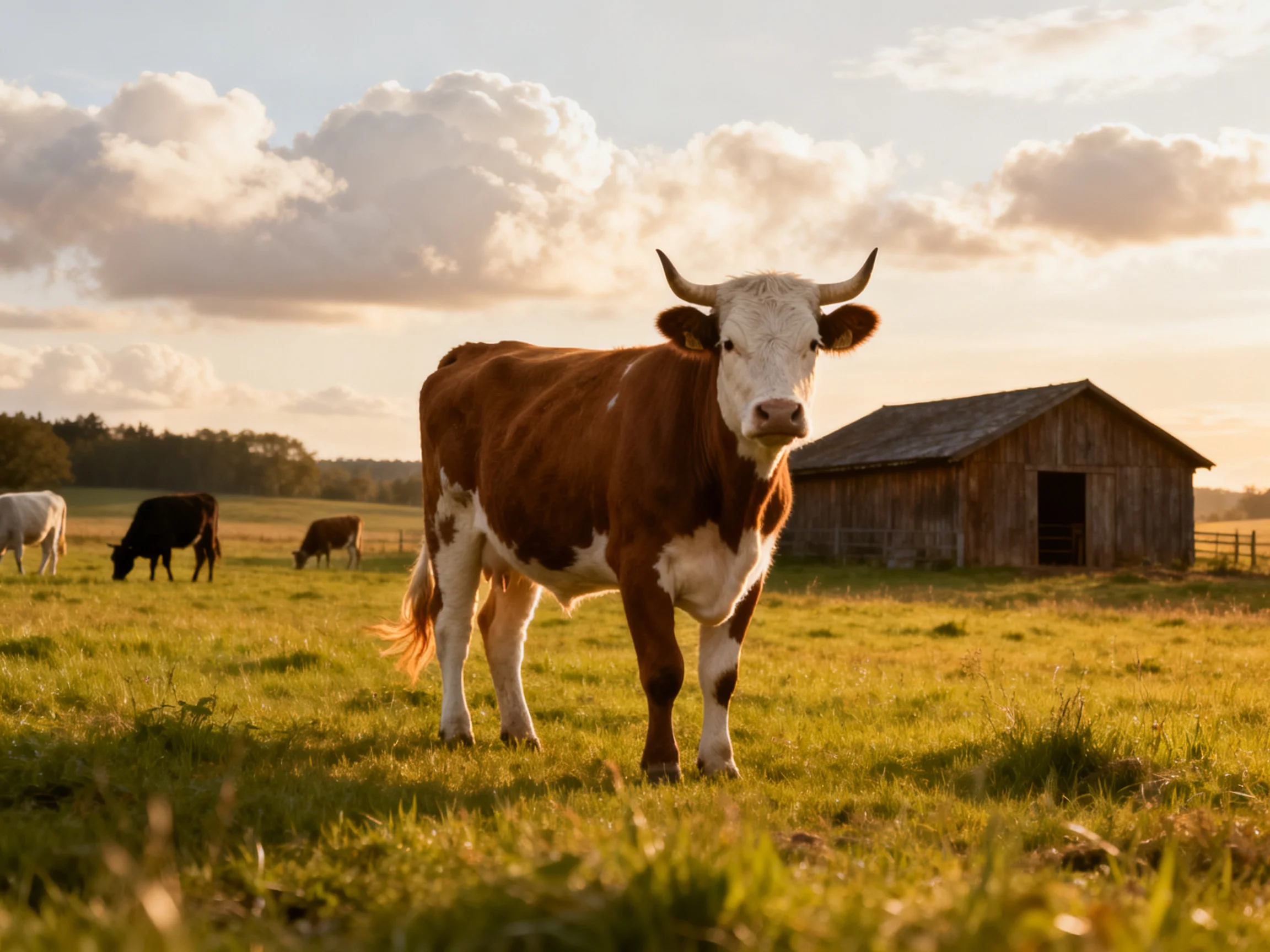 A brown and white cow stands near an old wooden barn in a golden field