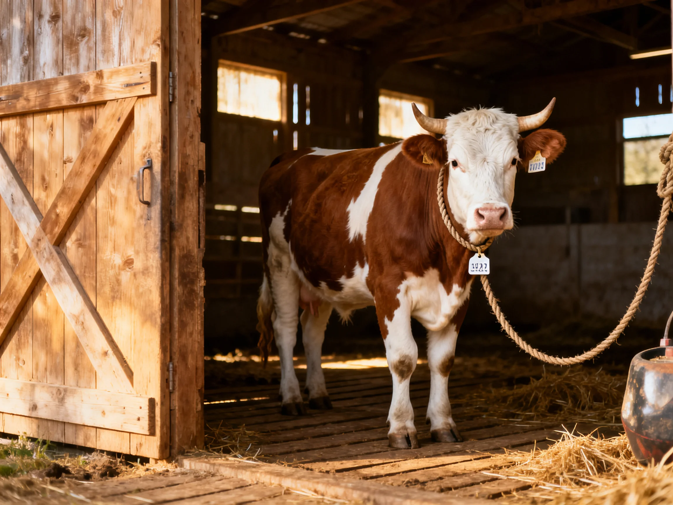 A brown and white cow stands near an open wooden barn door