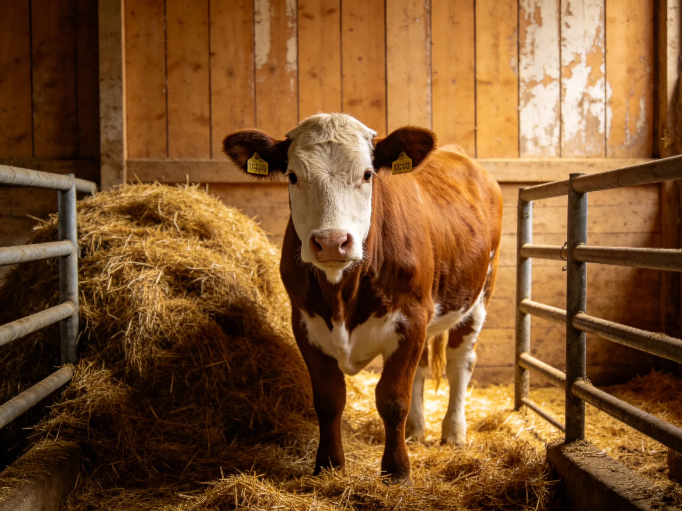 A brown and white cow stands near hay bales in an aged wooden barn