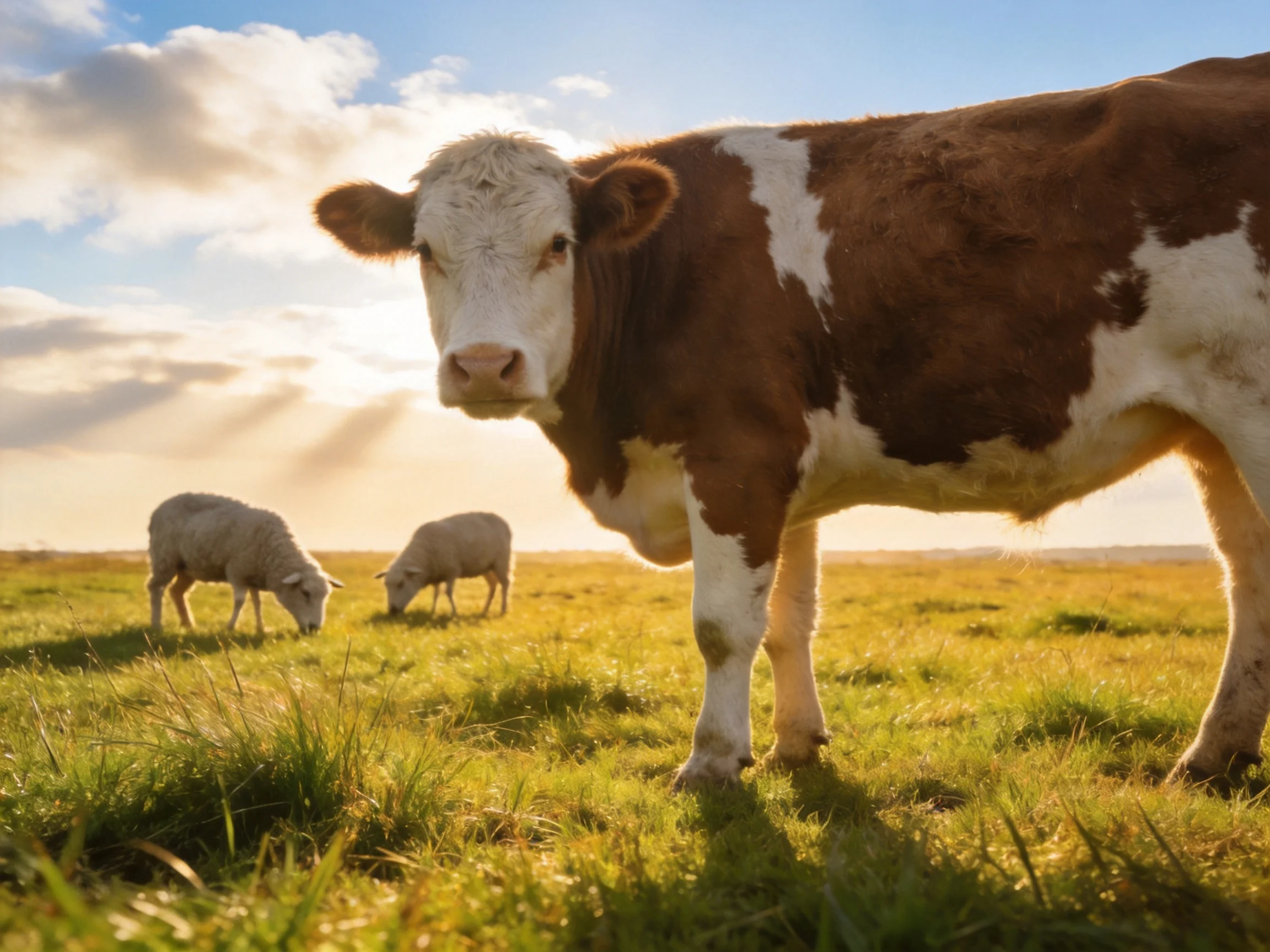 A brown-and-white cow stands near two sheep grazing in a sunlit meadow