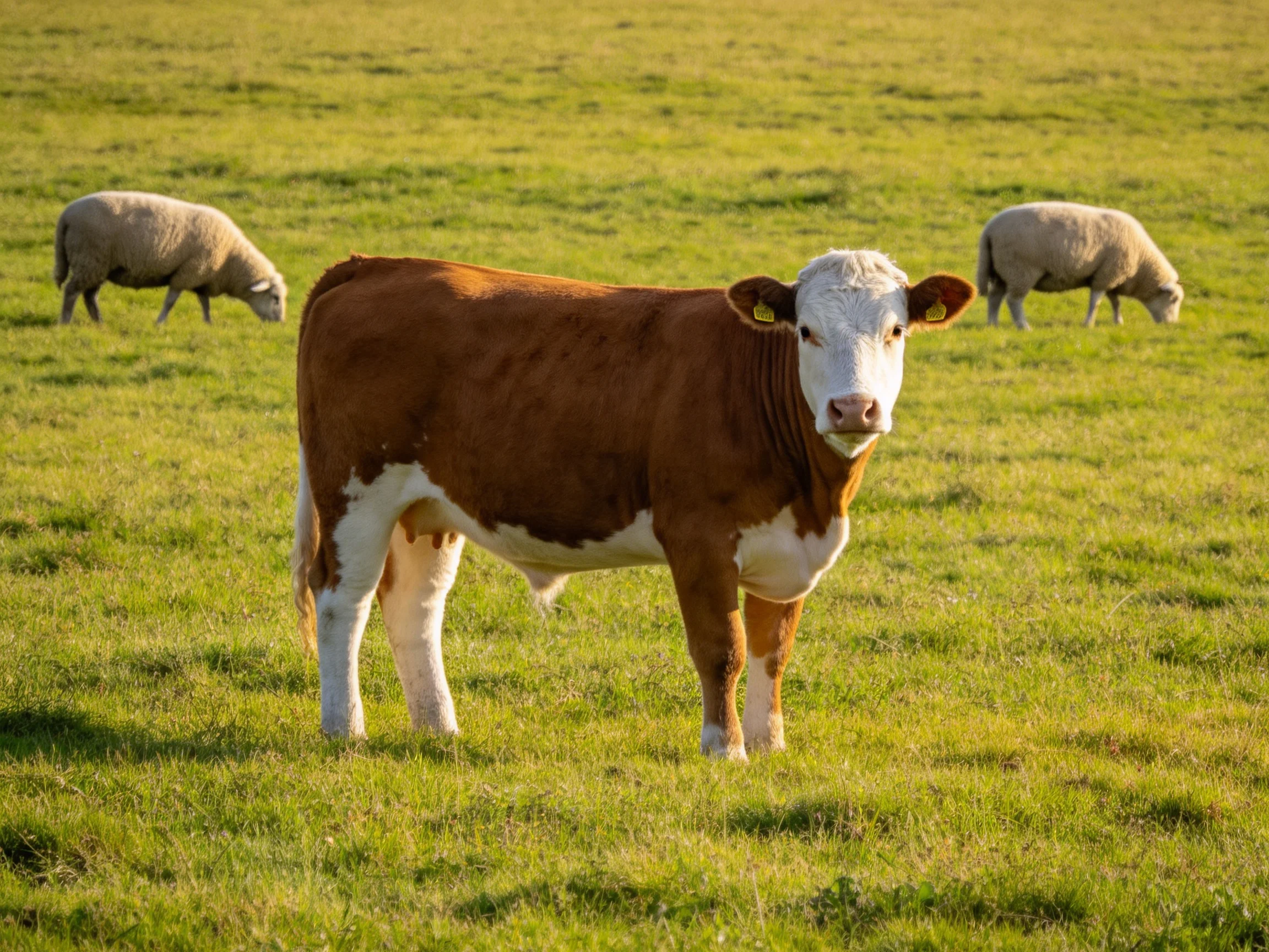 A brown and white cow stands near two sheep in a green pasture